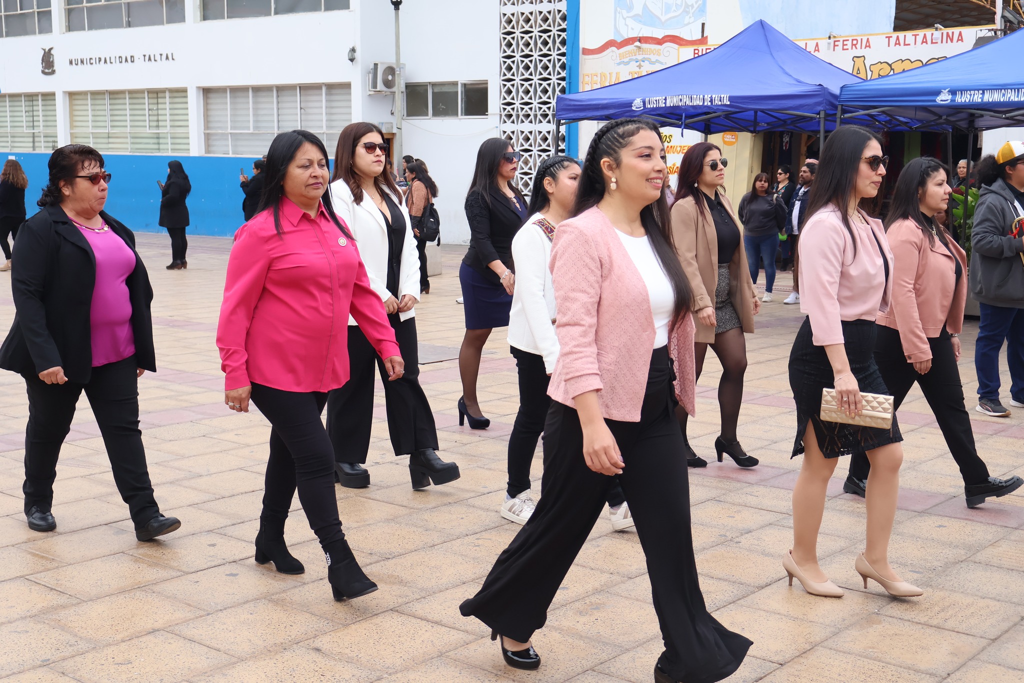 Delegación femenina con tenidas en tonos rosados y negros participa del desfile institucional.