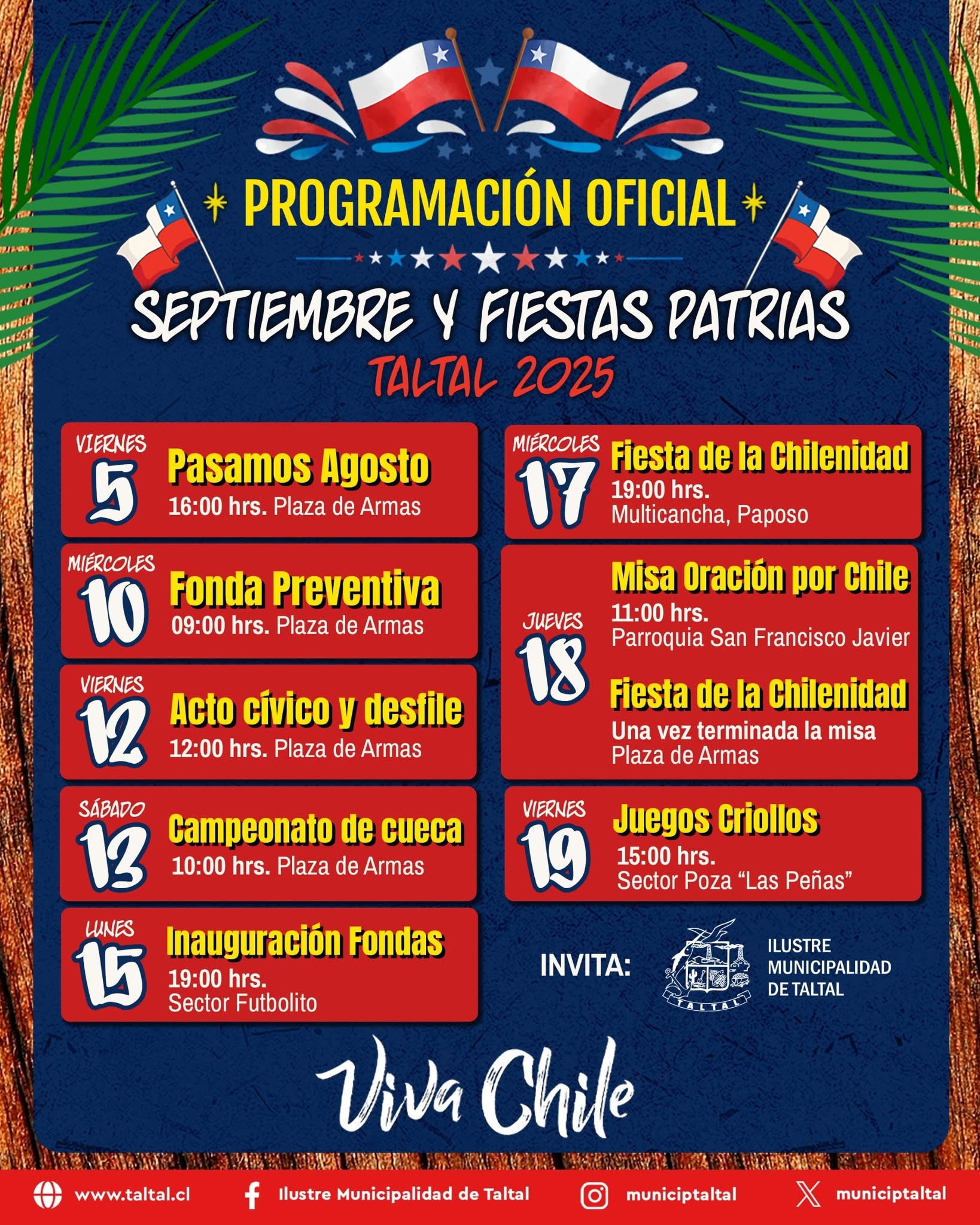 Afiche con la programación oficial de septiembre y Fiestas Patrias 2025 en Taltal: fechas, horarios y lugares en Taltal y Paposo.