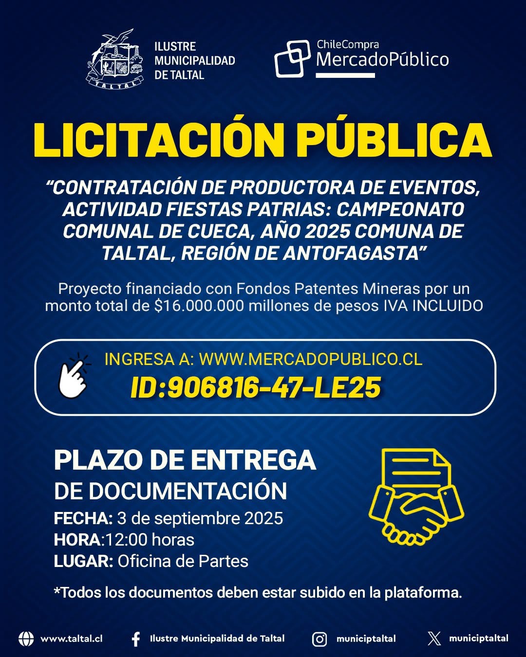 Afiche de licitación pública para contratar productora del Campeonato Comunal de Cueca 2025 en Taltal. ID 906816-47-LE25, entrega de antecedentes 3 de septiembre a las 12:00 horas.