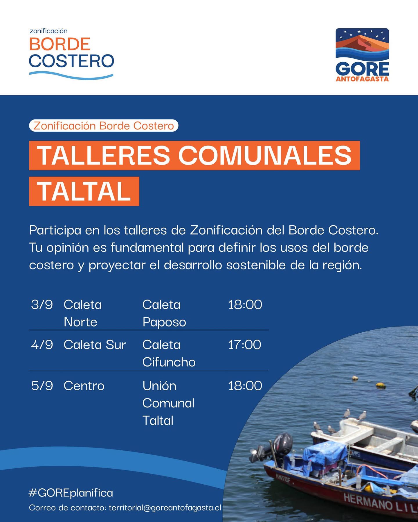 talleres-zonificacion-borde-costero-taltal-septiembre.jpg Afiche de los talleres comunales de Zonificación del Borde Costero en Taltal con fechas 3, 4 y 5 de septiembre y sedes en Paposo, Cifuncho y Unión Comunal.
