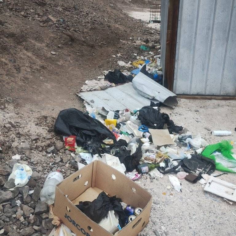Bolsas de basura y caja de cartón con desechos arrojados en la vía pública en Taltal.