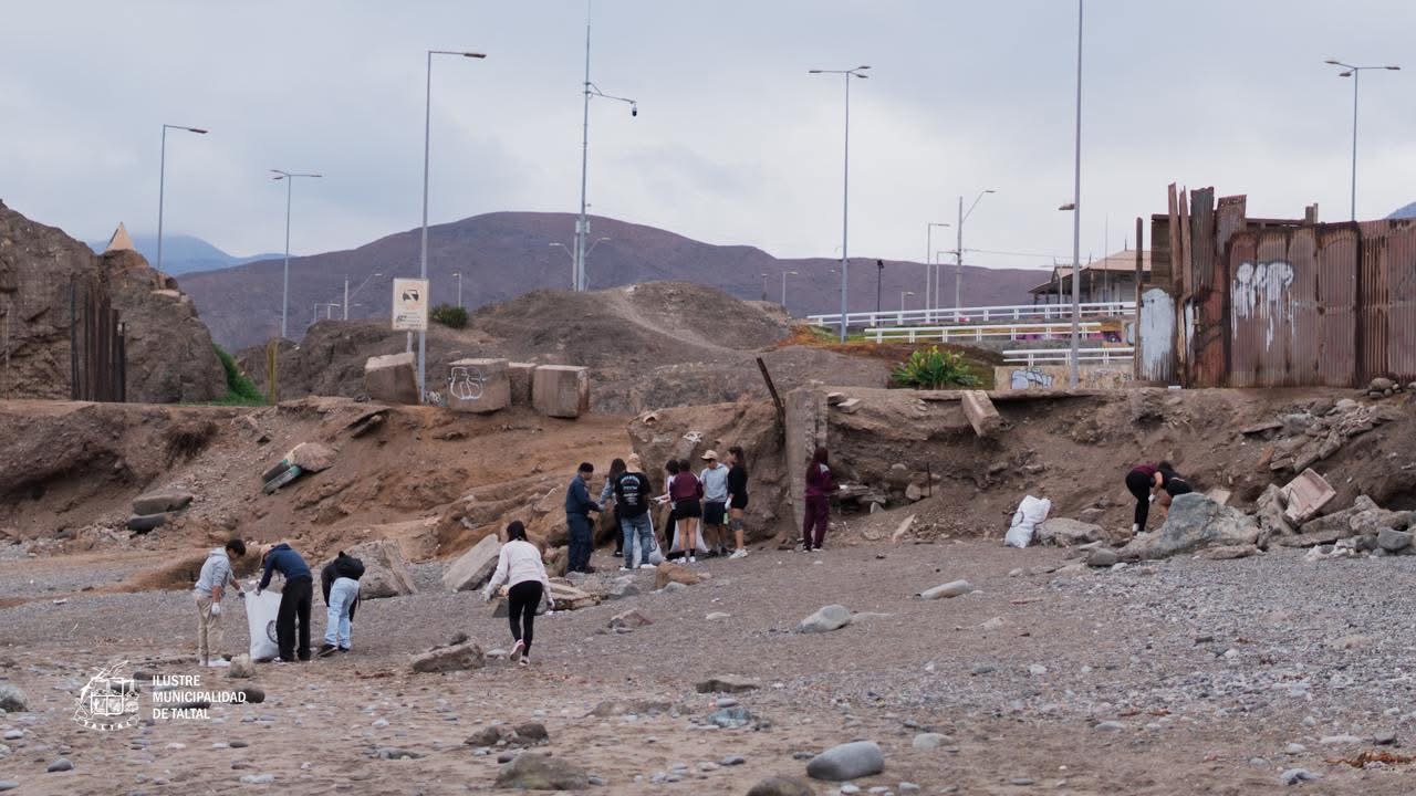 Voluntarios trabajando en la limpieza de sectores rocosos de la playa de Taltal.