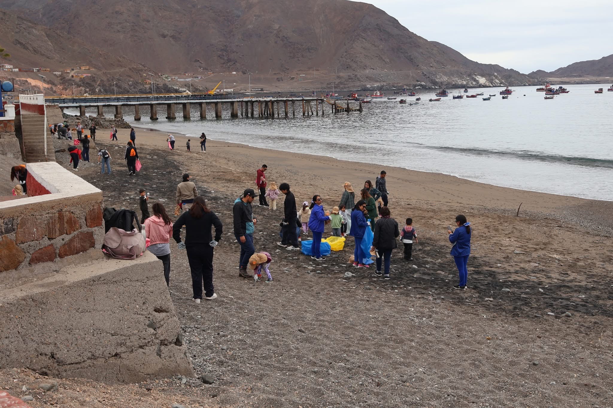 Voluntarios distribuidos en la playa frente al muelle de Taltal, participando en la limpieza comunitaria.