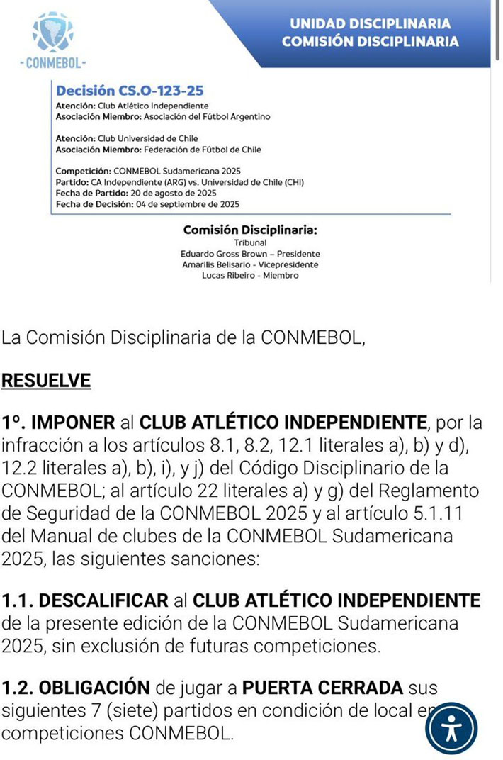 Documento oficial de la CONMEBOL que descalifica a Independiente y clasifica a Universidad de Chile a las semifinales de Copa Sudamericana.