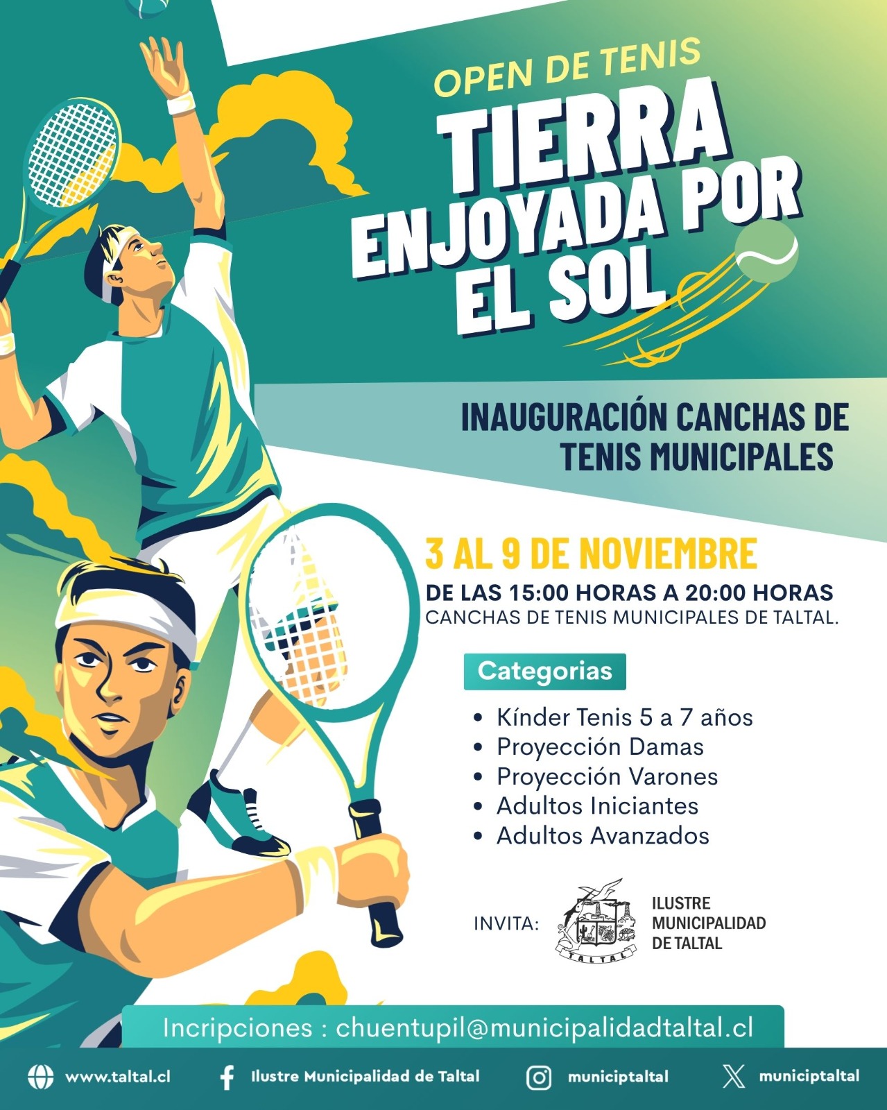 Vista en altura del complejo de canchas con graderías y mar de fondo.