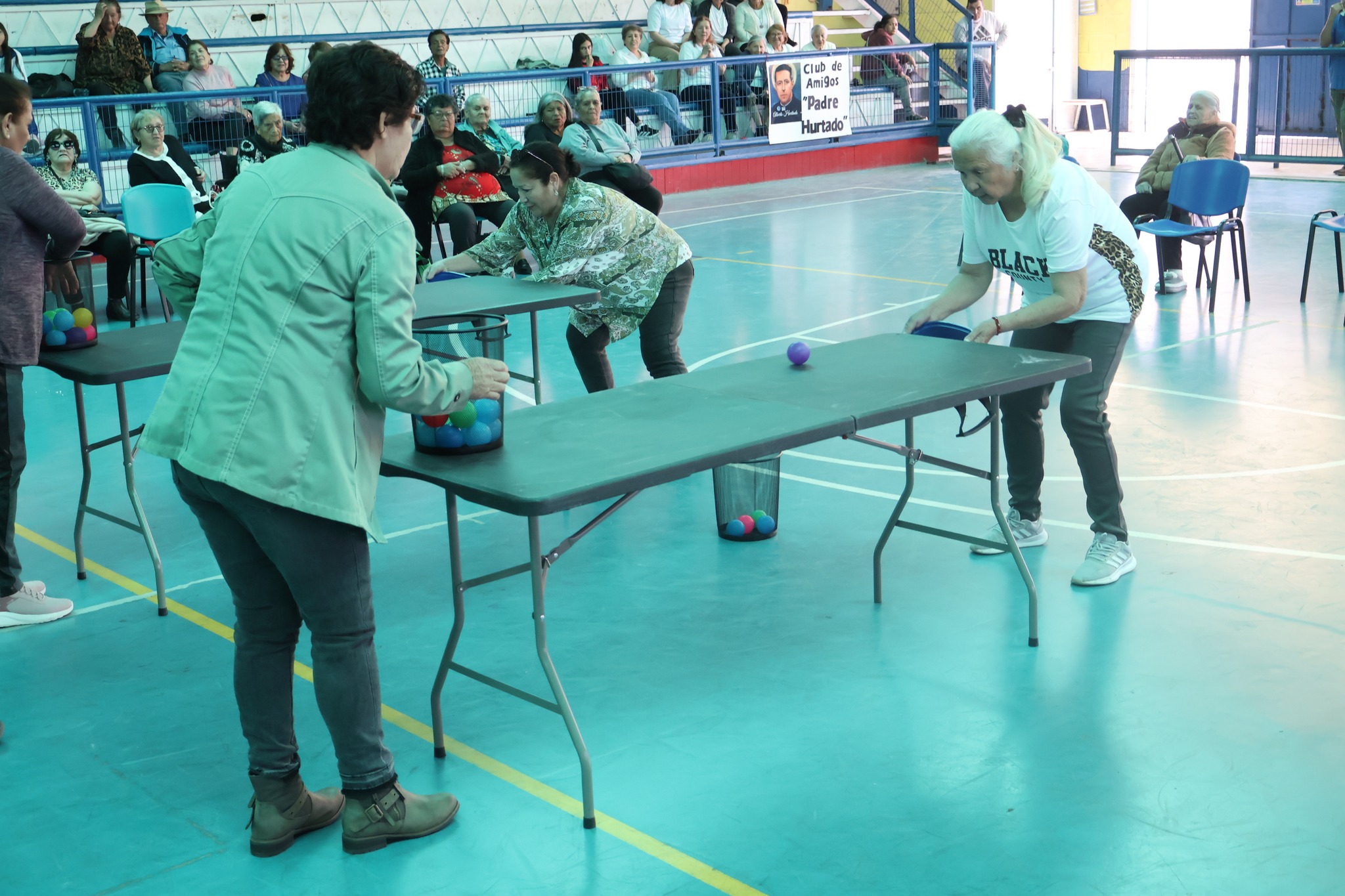 Competencia amistosa con pelotas de colores entre integrantes de clubes de adultos mayores en Taltal.