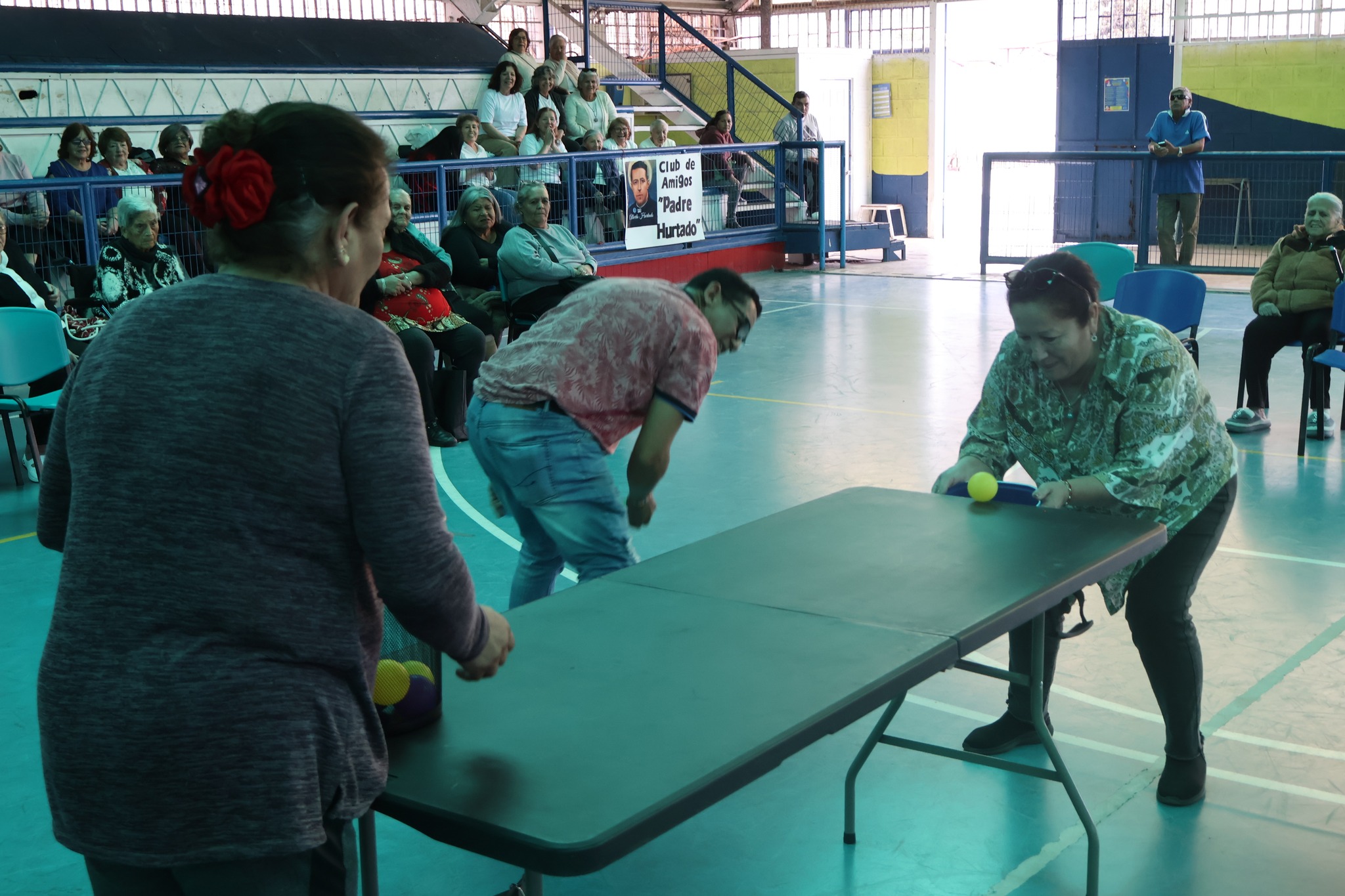 Adultos mayores participando en juegos recreativos en el Estadio Techado Municipal de Taltal durante la celebración del Mes del Adulto Mayor 2025.