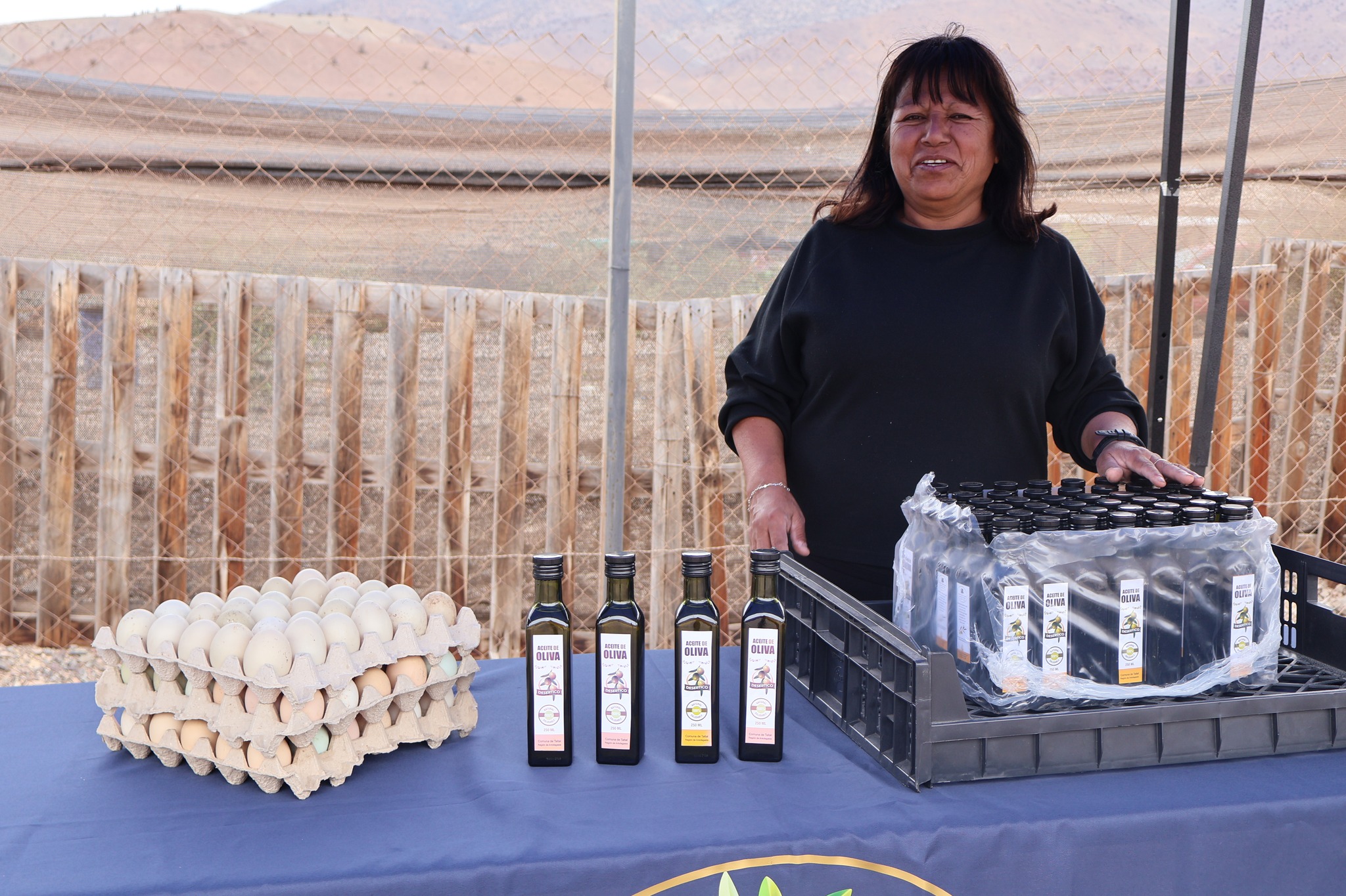 Emprendedora local muestra sus aceites de oliva artesanales y huevos de campo durante la feria rural de Taltal.
