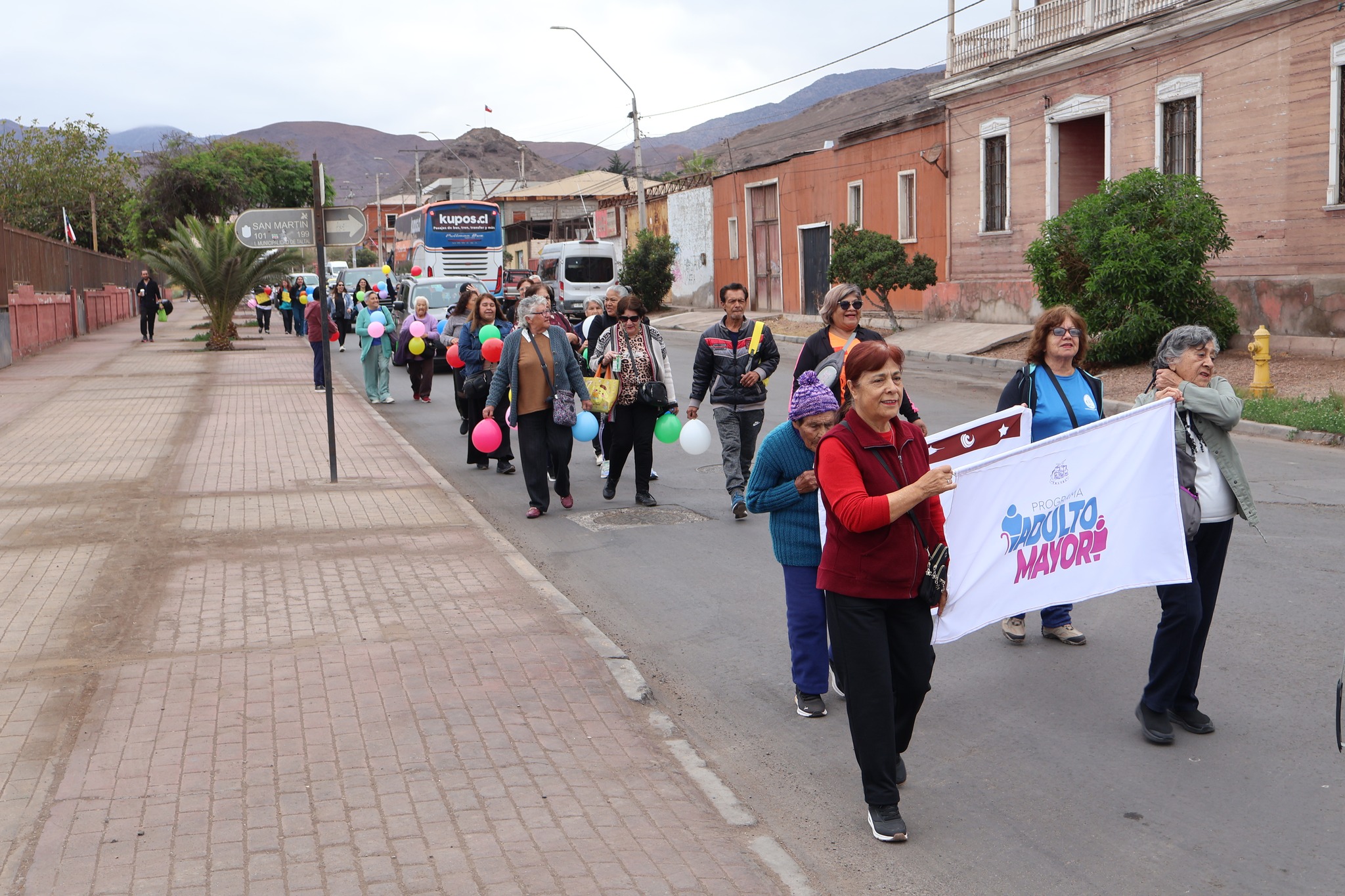 Mujer en rojo portando la bandera del "Programa Adulto Mayor" durante la caminata.