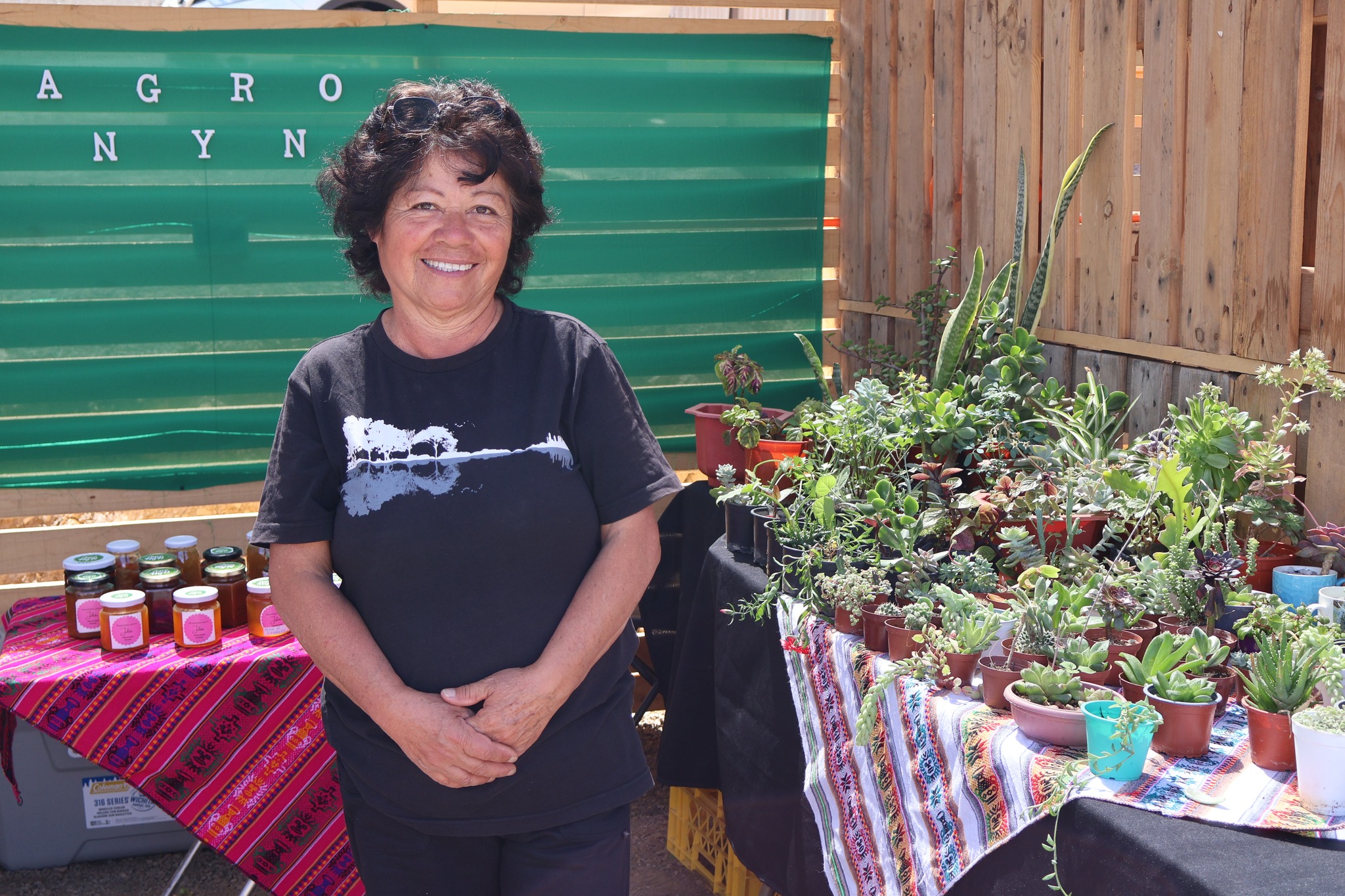Emprendedora local muestra su stand con plantas suculentas y mermeladas artesanales en la feria costumbrista Los Loros.