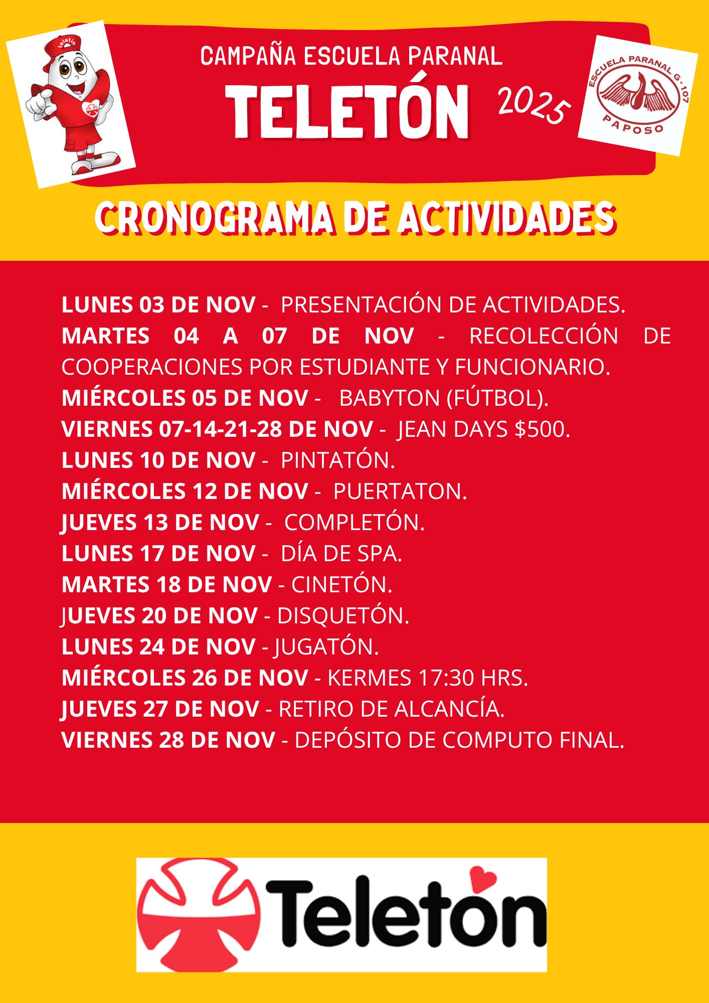 Cronograma oficial de actividades Teletón 2025 de la Escuela Paranal de Paposo, con fechas de pintatón, puertatón, jean day y otras jornadas solidarias.