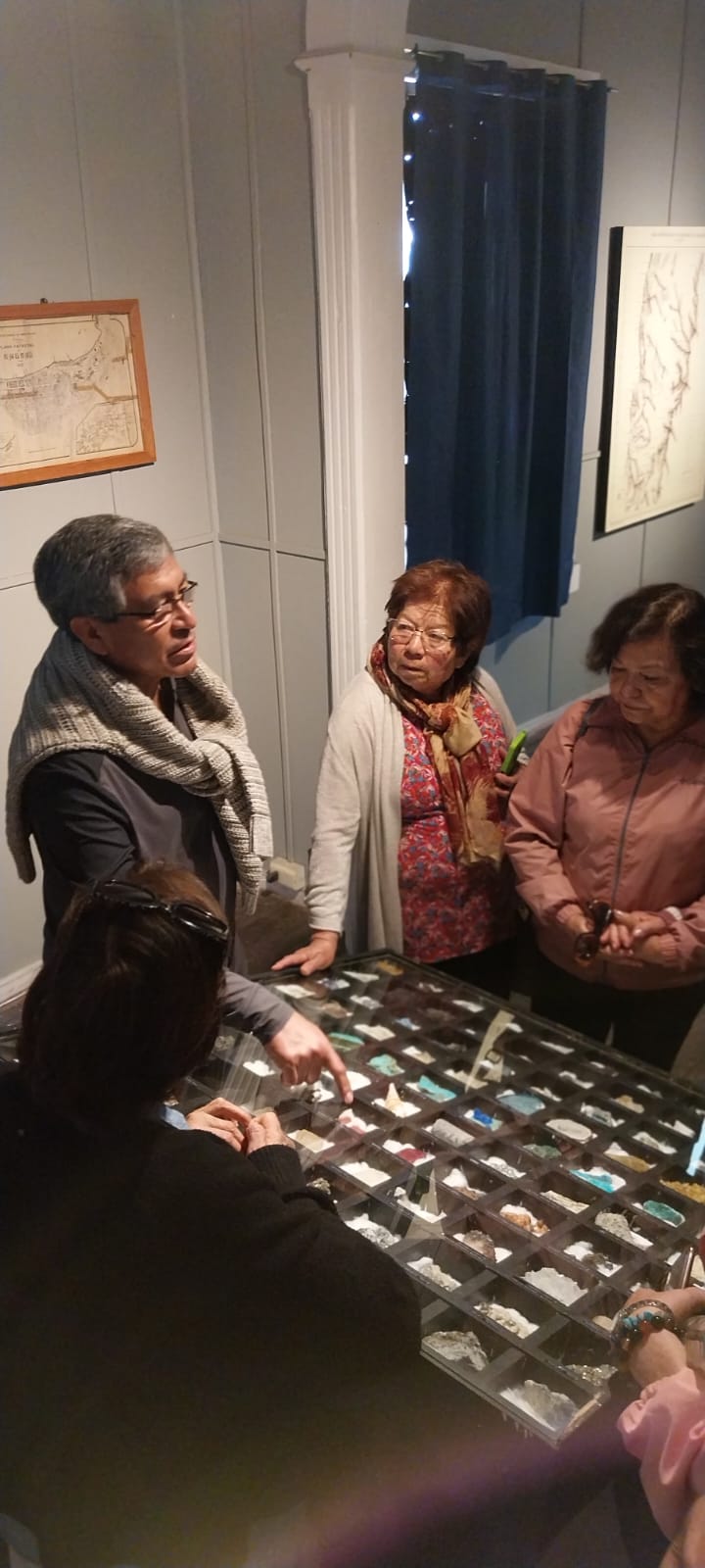 Grupo de visitantes observa una colección de minerales durante visita guiada en el Museo Augusto Capdeville de Taltal.