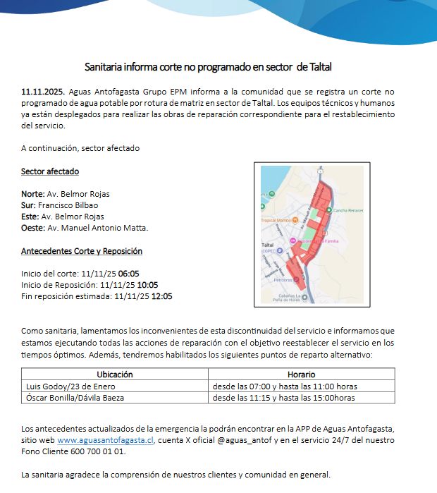 Mapa del sector afectado por el corte de agua potable en Taltal, con puntos de reparto alternativo indicados por Aguas Antofagasta.