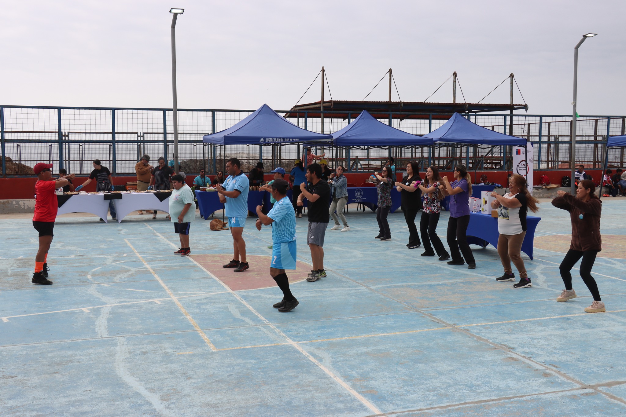 Gran grupo participando en baile entretenido durante cierre del programa de salud.