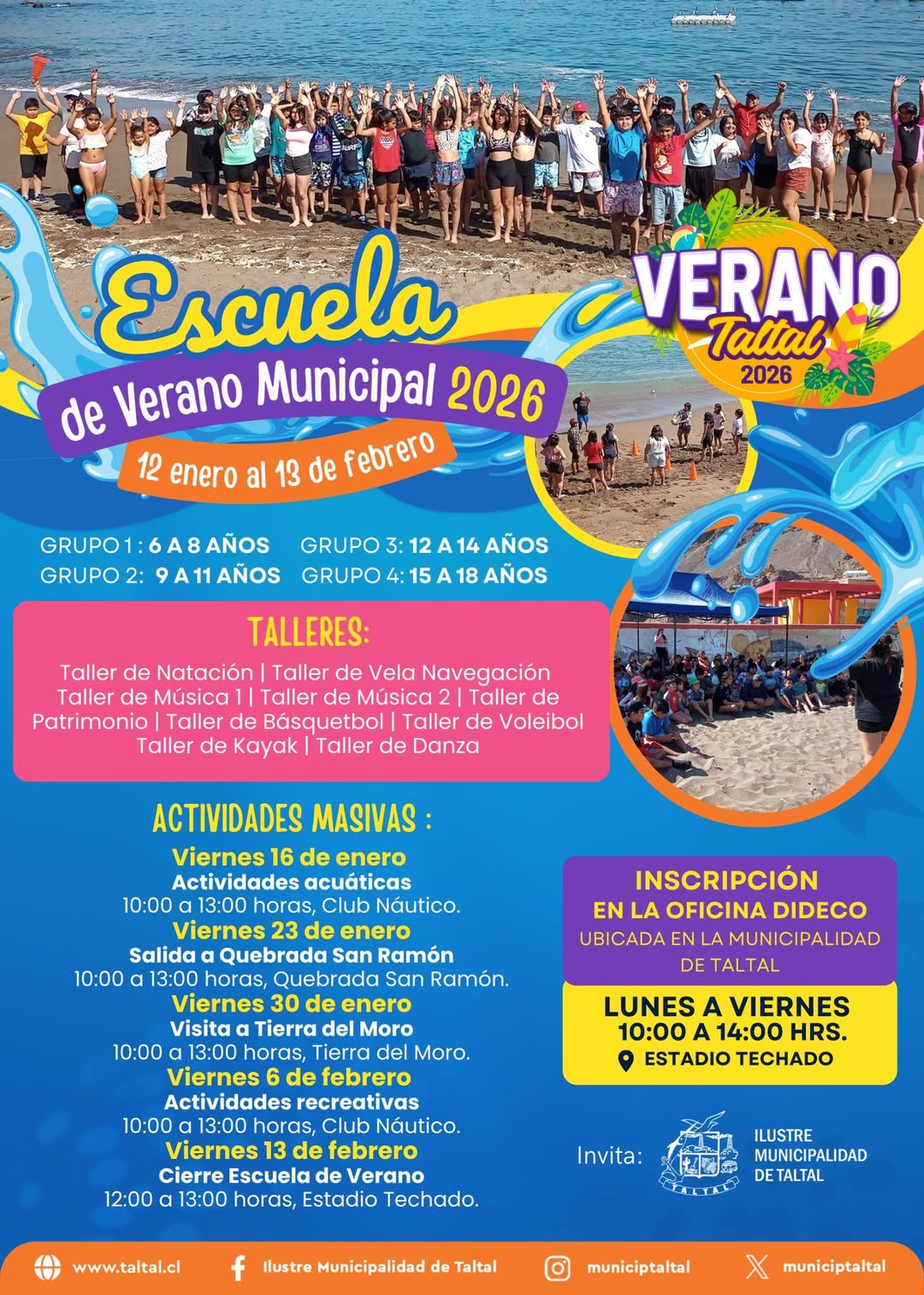 Niños y jóvenes participan en la Escuela de Verano Municipal 2026 organizada por la Ilustre Municipalidad de Taltal, con talleres deportivos, culturales y actividades recreativas en la playa y el Estadio Techado.