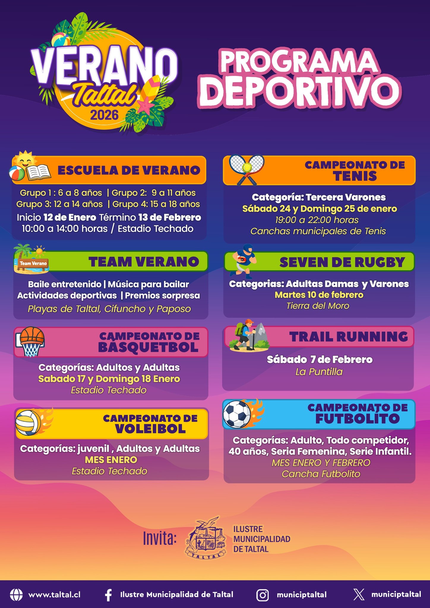 Programa Deportivo Verano Taltal 2026 con escuela de verano, campeonatos de tenis, básquetbol, voleibol, futbolito, seven de rugby, trail running y actividades deportivas en Taltal, Paposo y Cifuncho