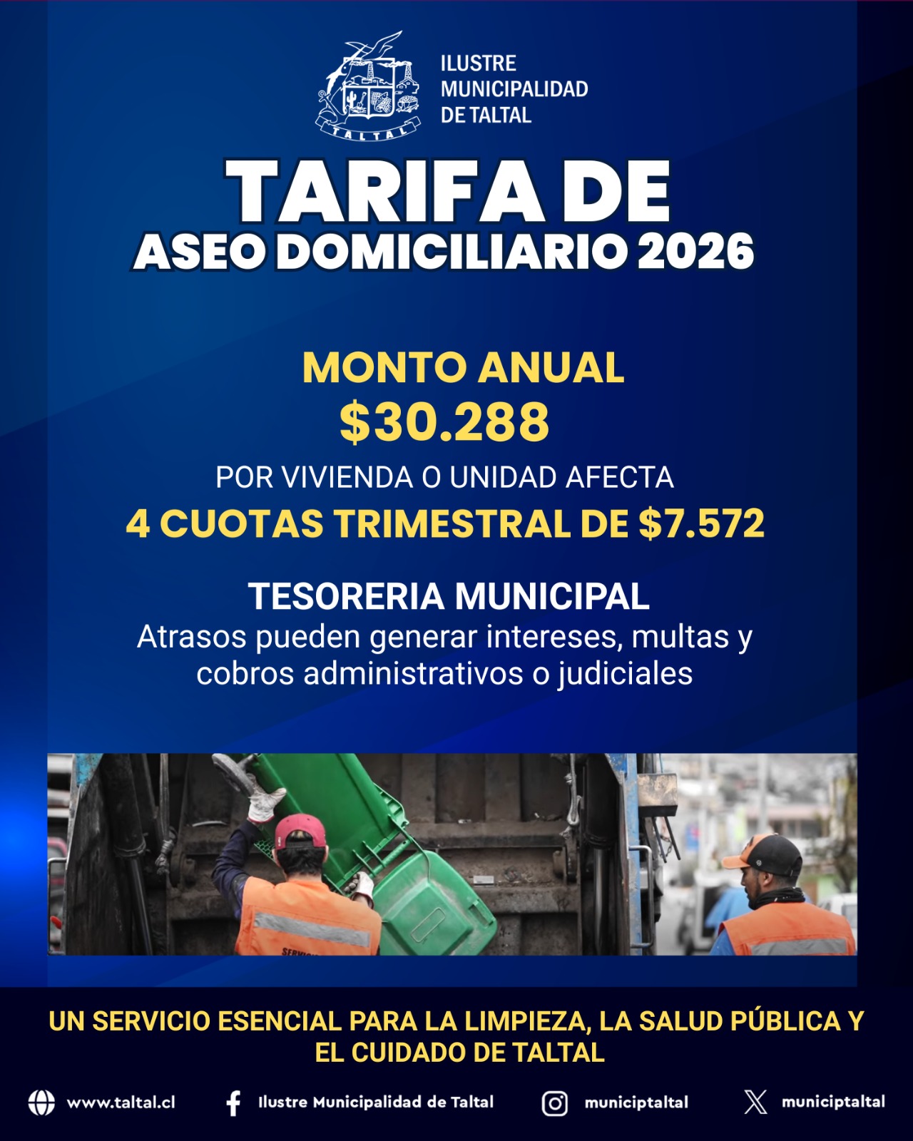 Flyer oficial detallando el monto anual de $30.288 por vivienda y el pago de 4 cuotas trimestrales de $7.572 en Tesorería Municipal de Taltal.