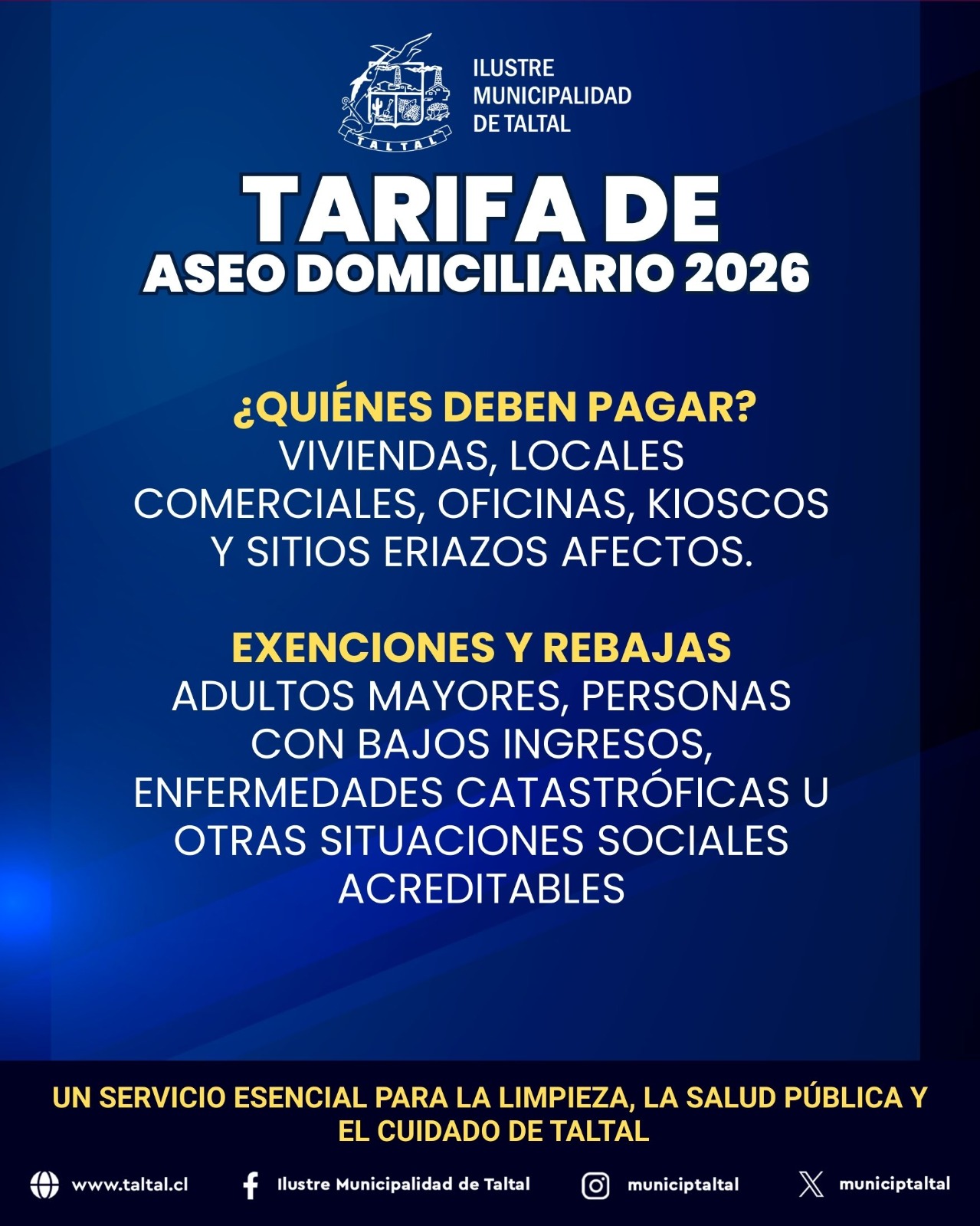 Gráfica informativa sobre los inmuebles afectos al pago de aseo y el listado de exenciones para adultos mayores y casos sociales en Taltal.