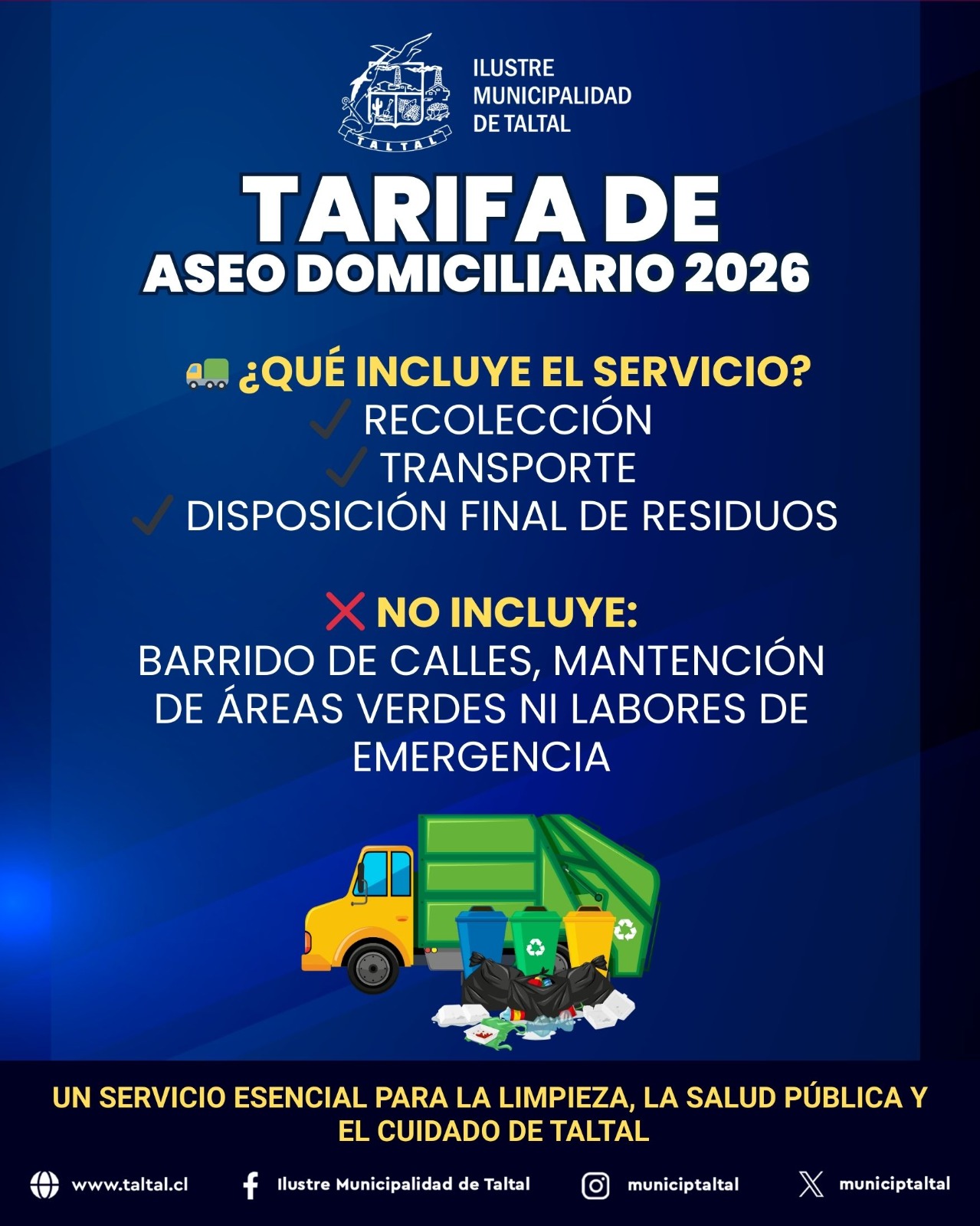 Flyer explicativo sobre las labores de recolección y transporte incluidas en la tarifa, aclarando que no contempla barrido de calles ni áreas verdes.
