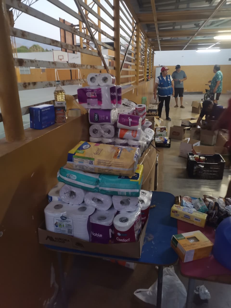 Insumos de ayuda solidaria (papel higiénico, alimentos y artículos de primera necesidad) apilados en el centro de acopio de Taltal para envío al sur de Chile.