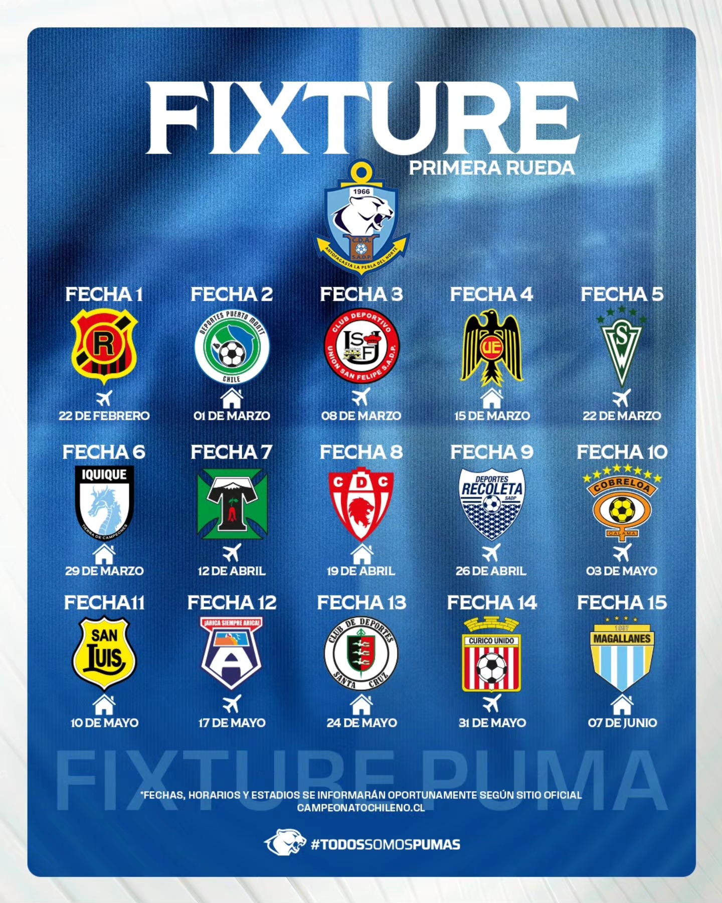 Calendario de partidos de la primera rueda de Deportes Antofagasta con fechas desde febrero a junio.