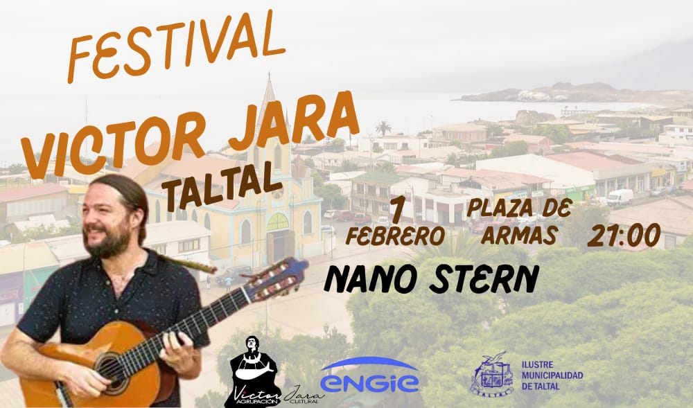 Afiche del Festival Víctor Jara Taltal 2026 anunciando show de Nano Stern el 1 de febrero en Plaza de Armas.