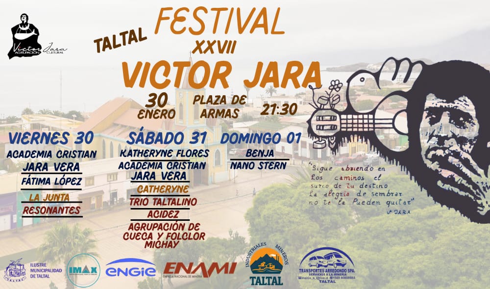 Afiche oficial del Festival Víctor Jara Taltal 2026 con programación por día y horario en Plaza de Armas.