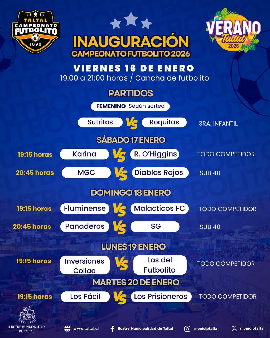 Calendario y horarios de los primeros partidos del Campeonato de Futbolito Verano Taltal 2026, incluyendo el duelo infantil Sutritos vs Roquitas.
