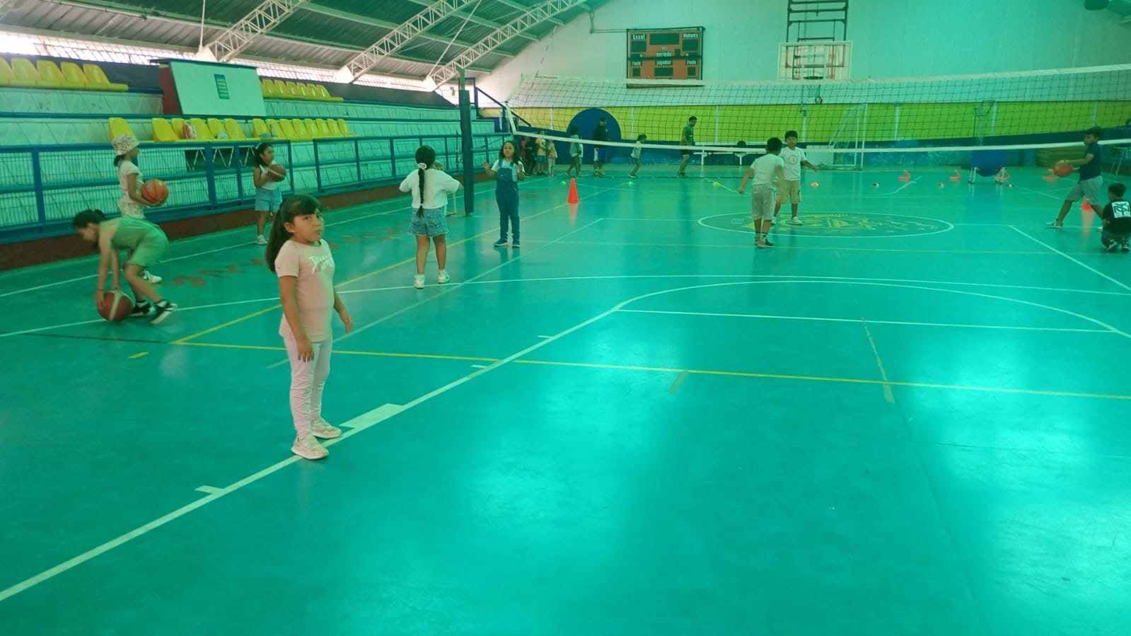 Vista general de alumnos practicando deportes en el gimnasio de suelo verde.