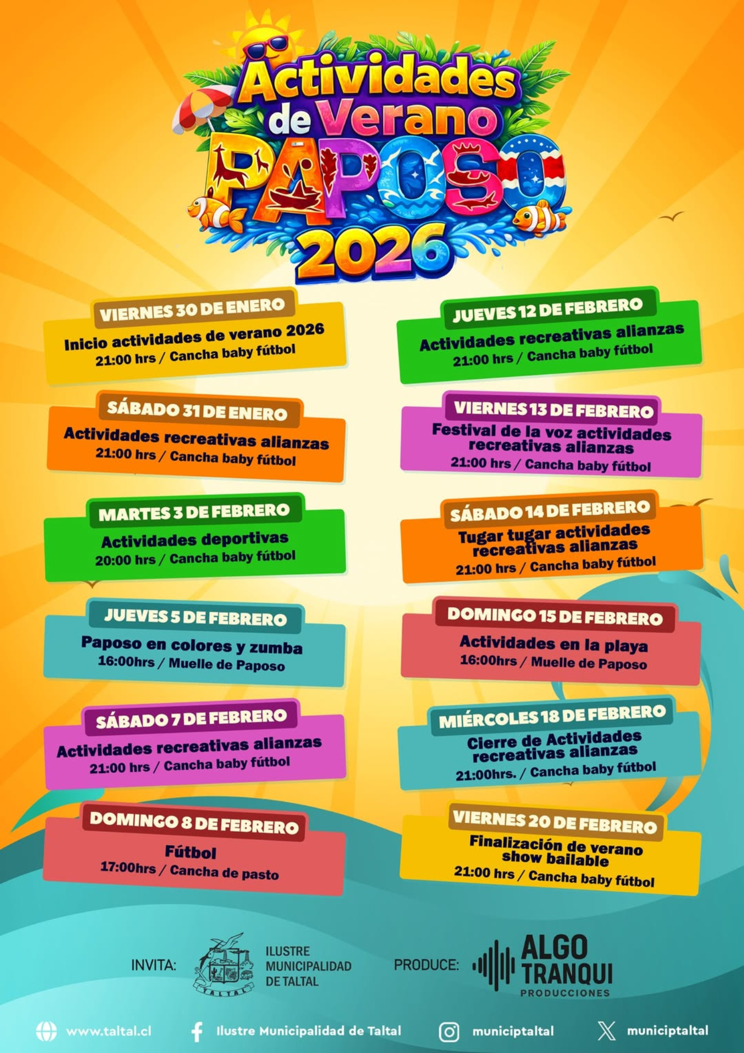Afiche oficial con la programación de las Actividades de Verano 2026 en Paposo, con fechas y horarios de panoramas recreativos, deportivos y en la playa.