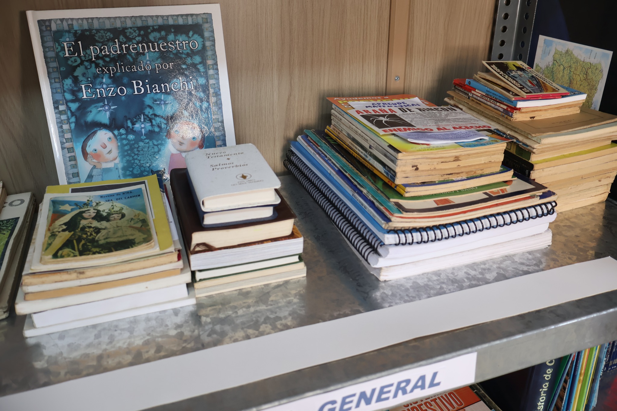 Lotes de libros y material de lectura organizados tras la donación para la nueva Biblioteca de Caleta Cifuncho.