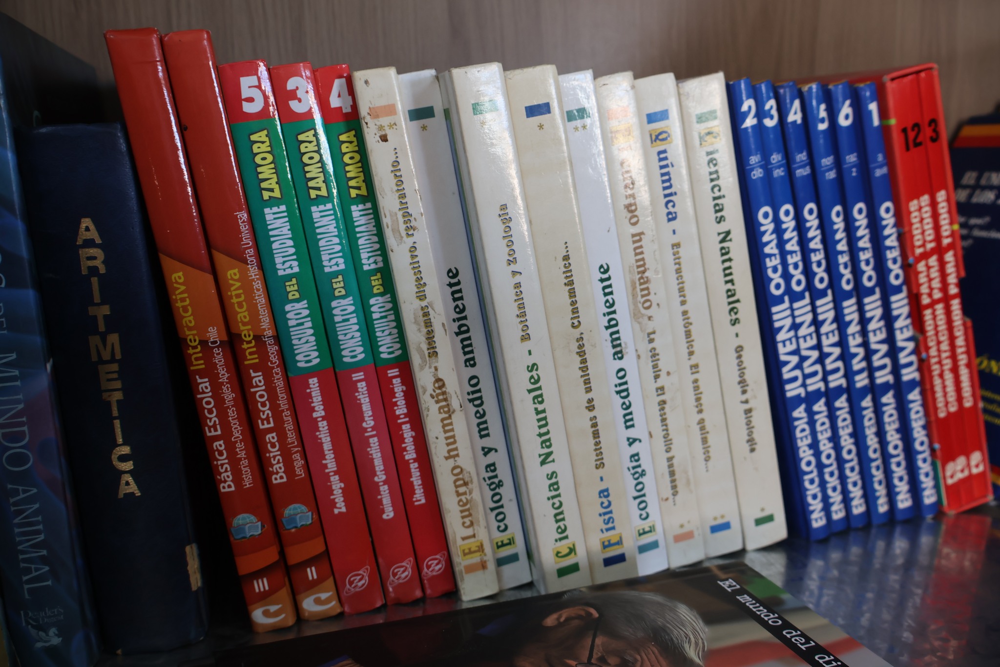 Detalle de estantería con libros de consulta y enciclopedias en la Biblioteca Pública de Caleta Cifuncho.