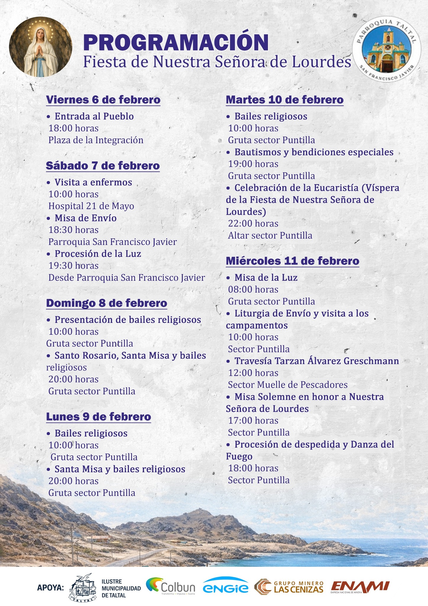 Programa completo de la Fiesta de Nuestra Señora de Lourdes 2026 en La Puntilla, Taltal. Actividades del 6 al 11 de febrero: misas, procesiones, bailes religiosos y travesía de Tarzán Álvarez.