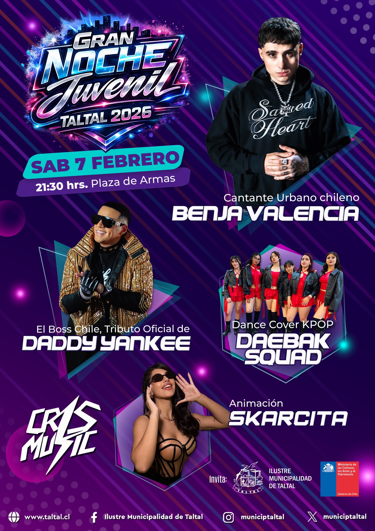 Afiche promocional Gran Noche Juvenil Taltal 2026 con lineup de artistas: Benja Valencia, El Boss Chile, Daebak Squad, Skarcita, fecha 7 febrero, Plaza de Armas, entrada gratuita.
