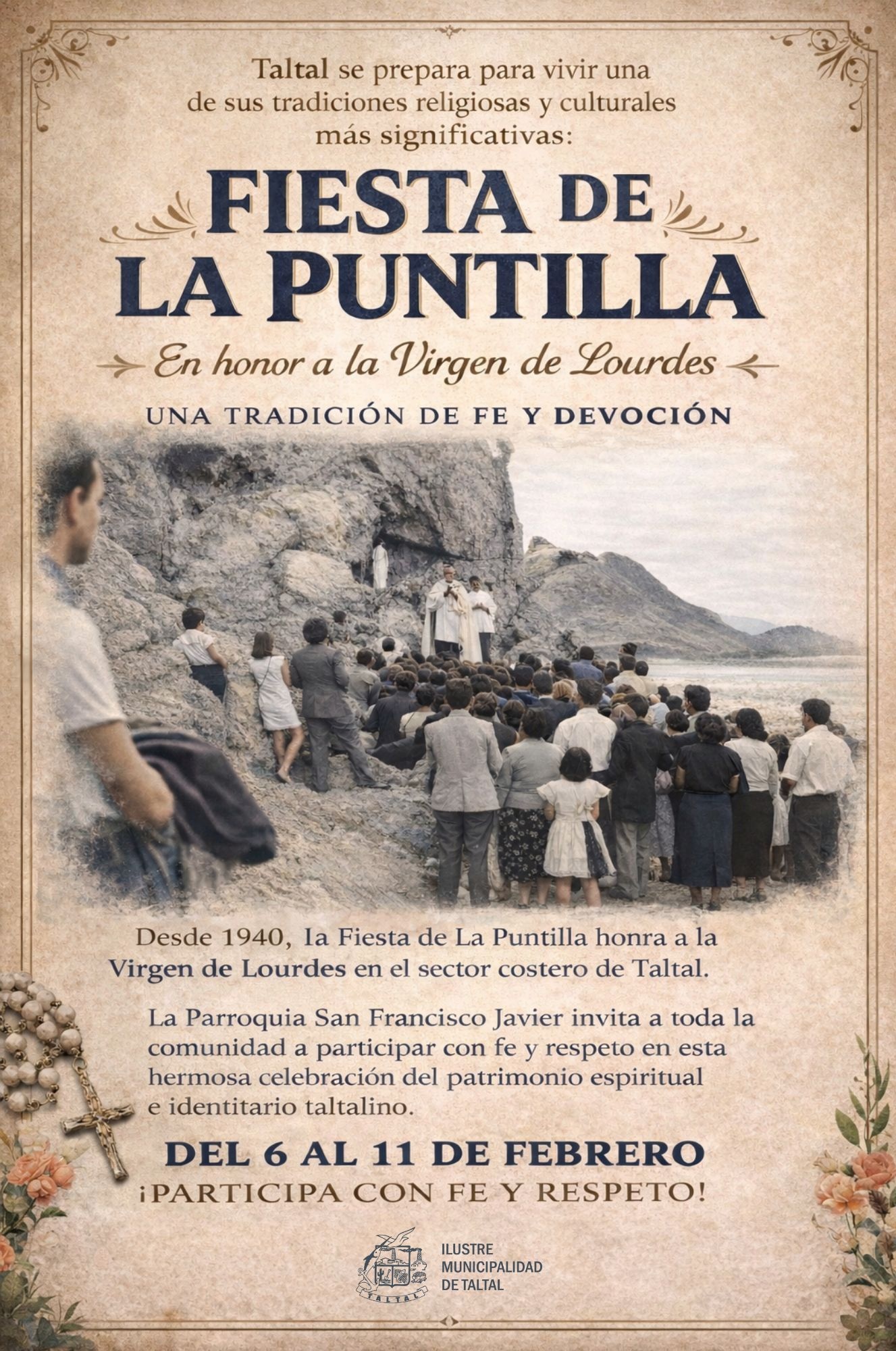 Afiche oficial de la Fiesta de La Puntilla 2026 en honor a la Virgen de Lourdes, Taltal. Del 6 al 11 de febrero, tradición de fe y devoción desde 1940 en el sector costero.