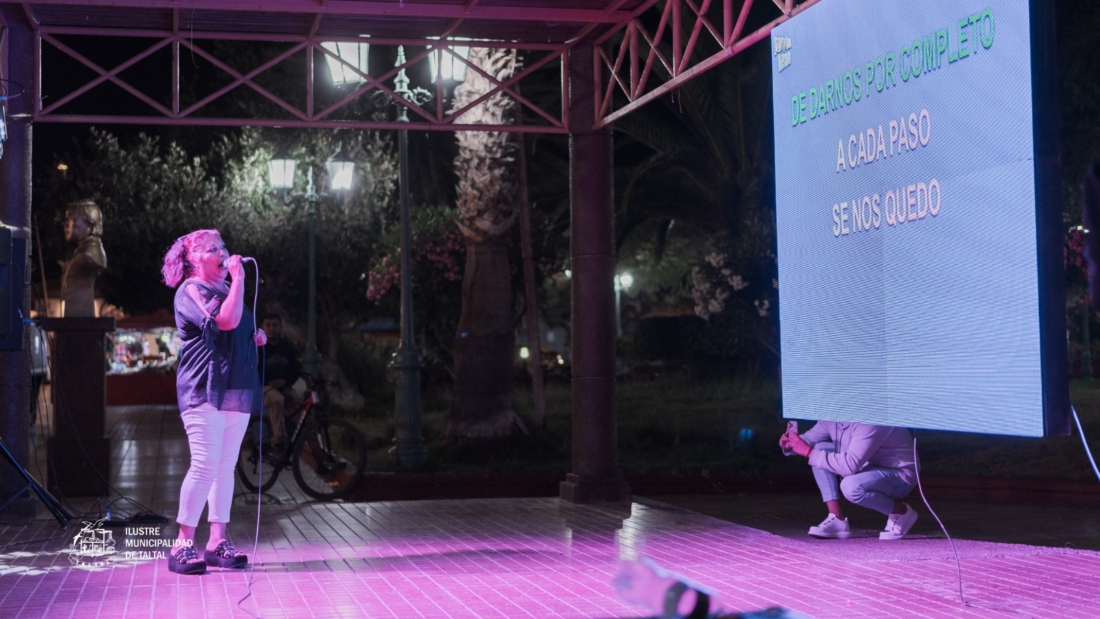 Mujer con buzo gris cantando en el Karaoke de Cumbias en Plaza de Armas de Taltal, con público atento y luces de escenario, febrero 2026.