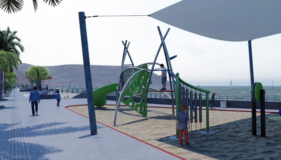 Render del área de juegos infantiles con estructuras verdes y azules, parte del proyecto de mejoramiento del borde costero del Balneario Municipal de Taltal, aprobado por CORE Antofagasta 2026.