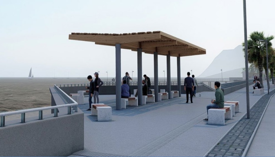 Área de descanso con bancas y pérgola frente al mar, parte del proyecto aprobado de mejoramiento del borde costero del Balneario Municipal de Taltal, febrero 2026.