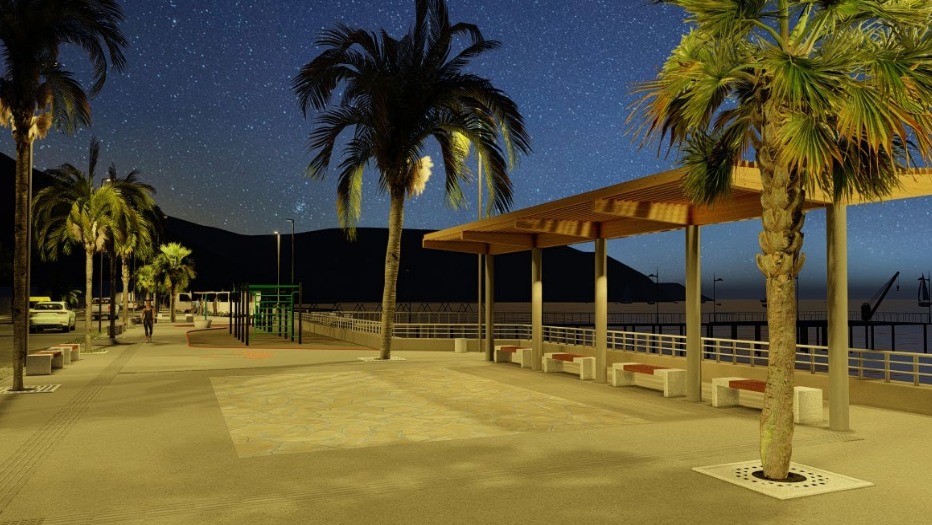 Render nocturno del mirador con pérgola de madera, bancas y iluminación LED en el proyecto de mejoramiento del borde costero del Balneario Municipal de Taltal, Verano 2026.