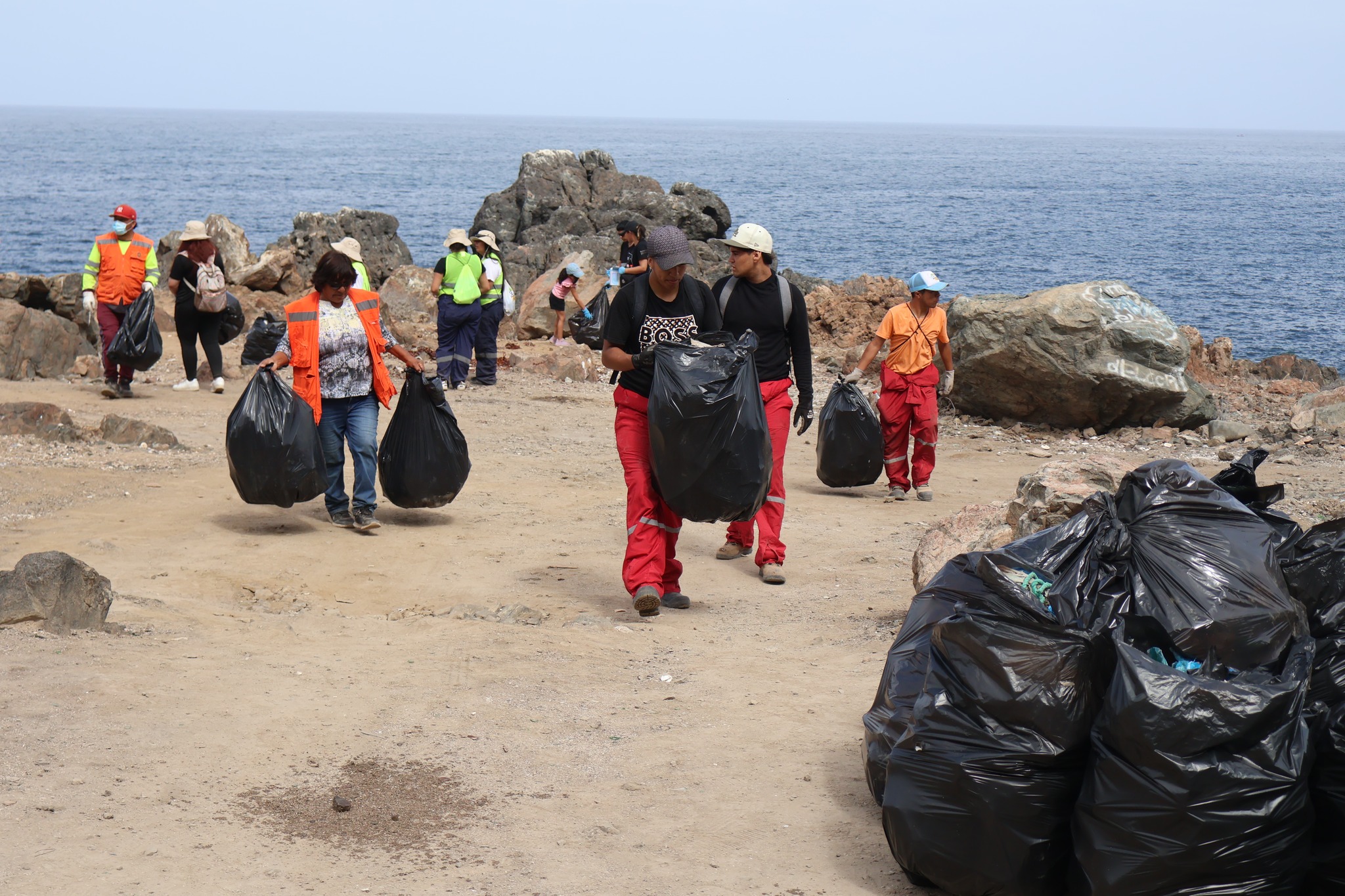 Recolección manual de residuos entre roqueríos del borde costero de Taltal, operativo ambiental comunitario.