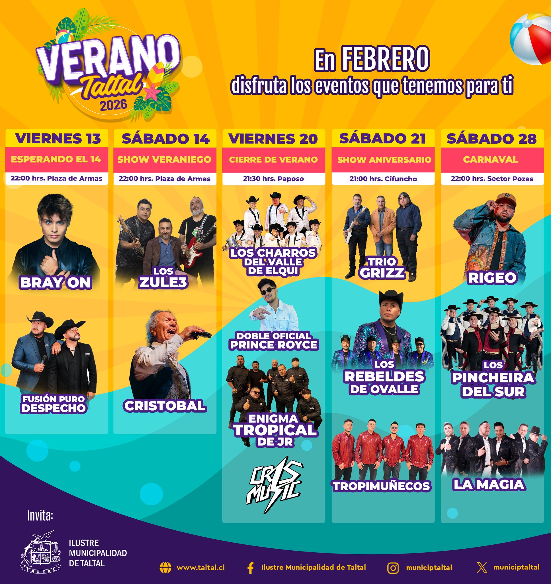 Parrilla completa Verano Taltal 2026 en febrero con shows Esperando el 14, Los Zule 3, Cristóbal y cierres en Paposo, Cifuncho y Pozas.