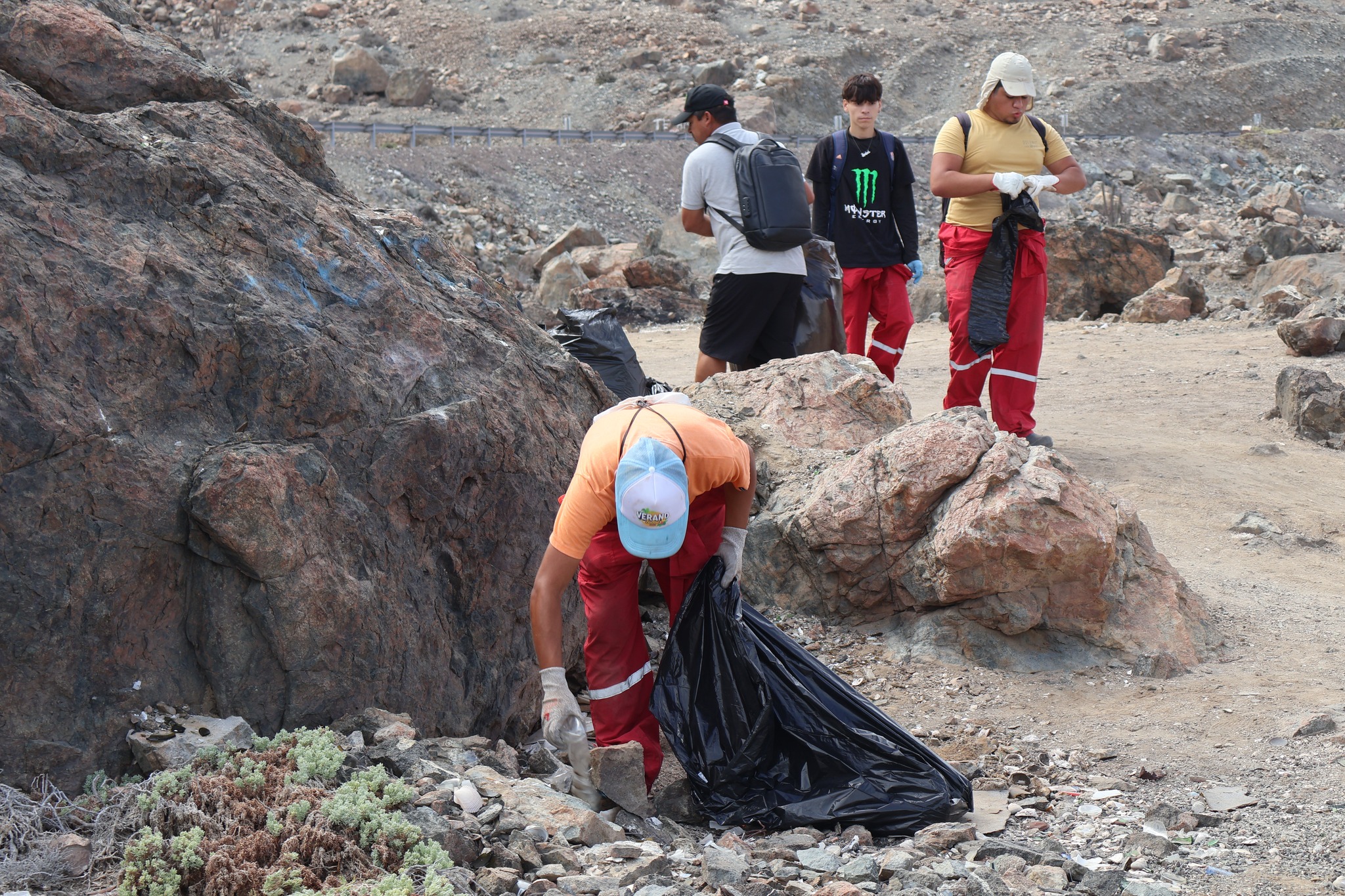 Voluntario realiza recolección de residuos con bolsa en zona rocosa del Sitio Arqueológico Los Vientos, Taltal, en jornada comunitaria de limpieza (febrero 2026).