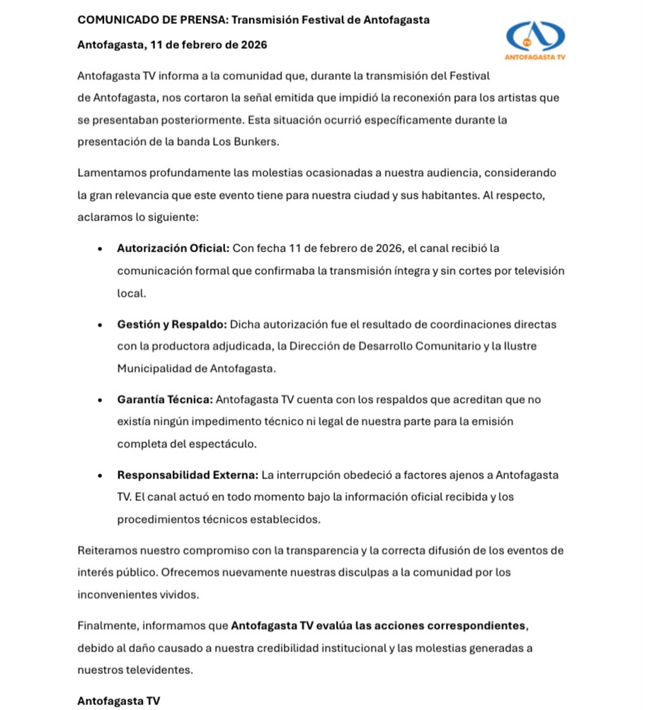 Comunicado de prensa del canal de televisión Antofagasta TV ante la polémica por transmisión interrumpida durante el Festival de Antofagasta.