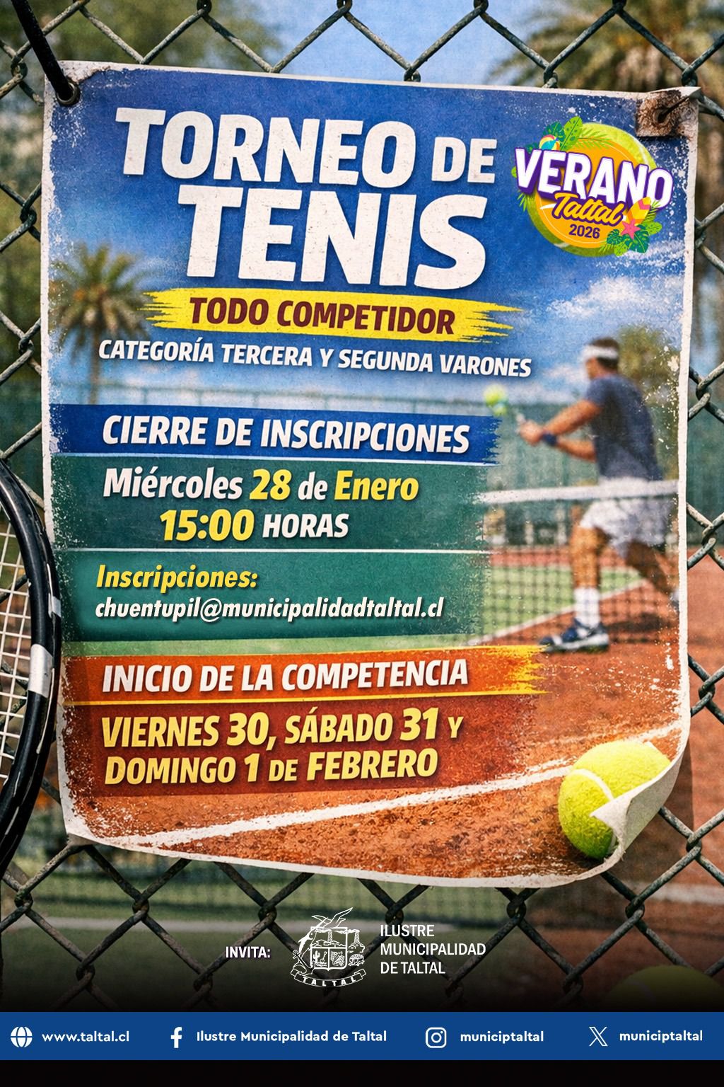 Afiche oficial del Torneo de Tenis Todo Competidor Taltal Verano 2026 organizado por la Municipalidad de Taltal.