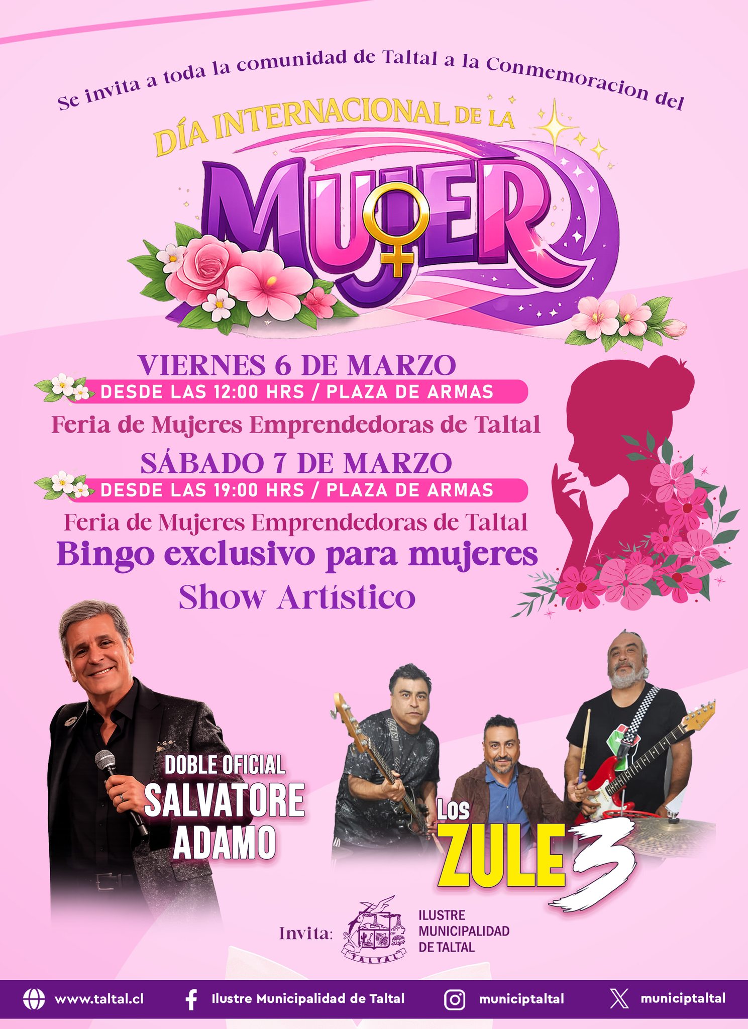 Afiche oficial de la conmemoración del Día Internacional de la Mujer organizada por la Municipalidad de Taltal.