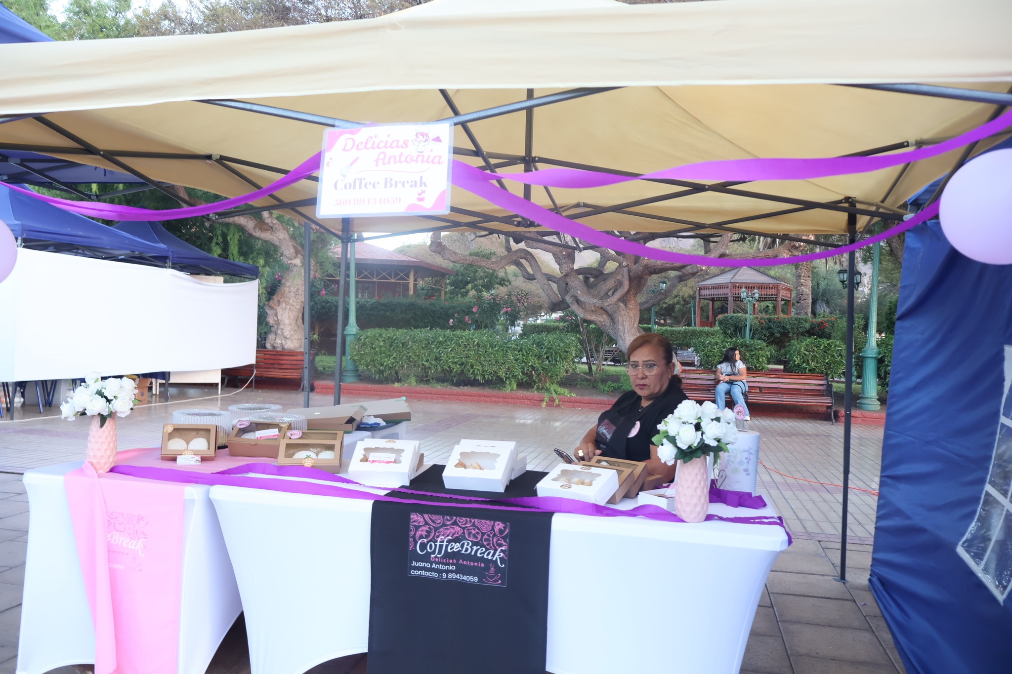 Emprendedora en stand de repostería “Coffee Break” durante feria en Plaza de Armas de Taltal.