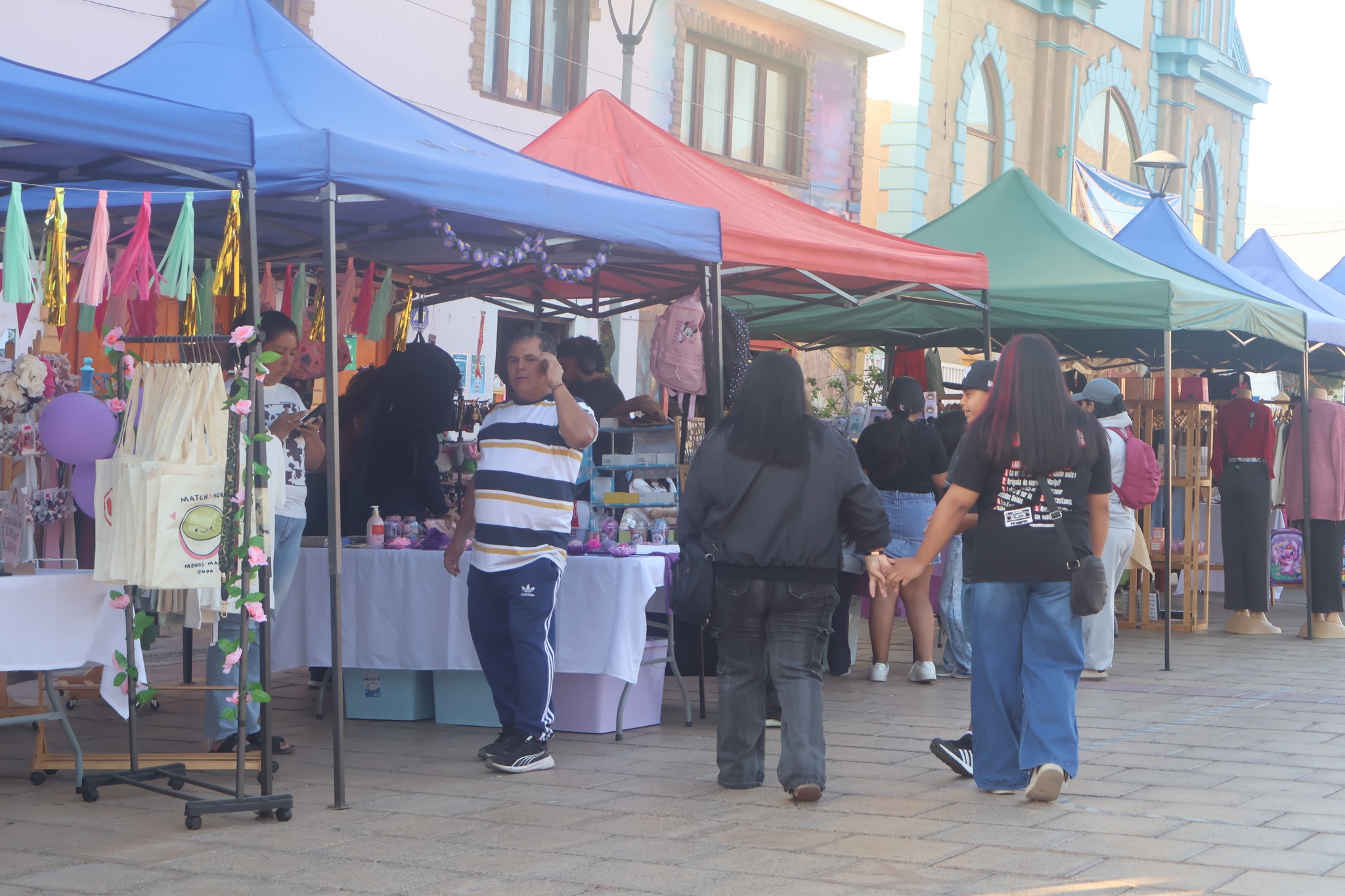 Feria con puestos y emprendedores en Plaza de Armas de Taltal en jornada del Día Internacional de la Mujer.