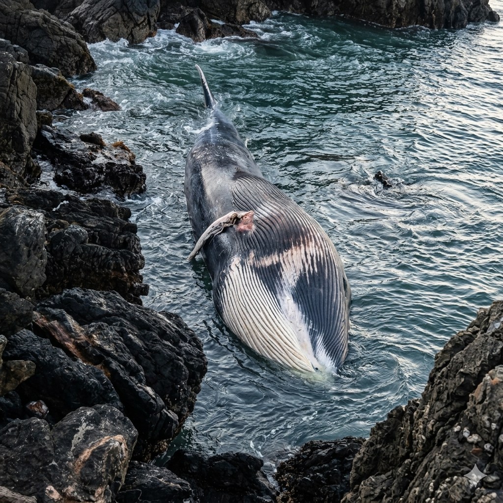 Ejemplar de ballena de aleta (Balaenoptera physalus) varada sin vida entre las rocas del sector costero La Puntilla, Taltal. Situación bajo monitoreo de SERNAPESCA.