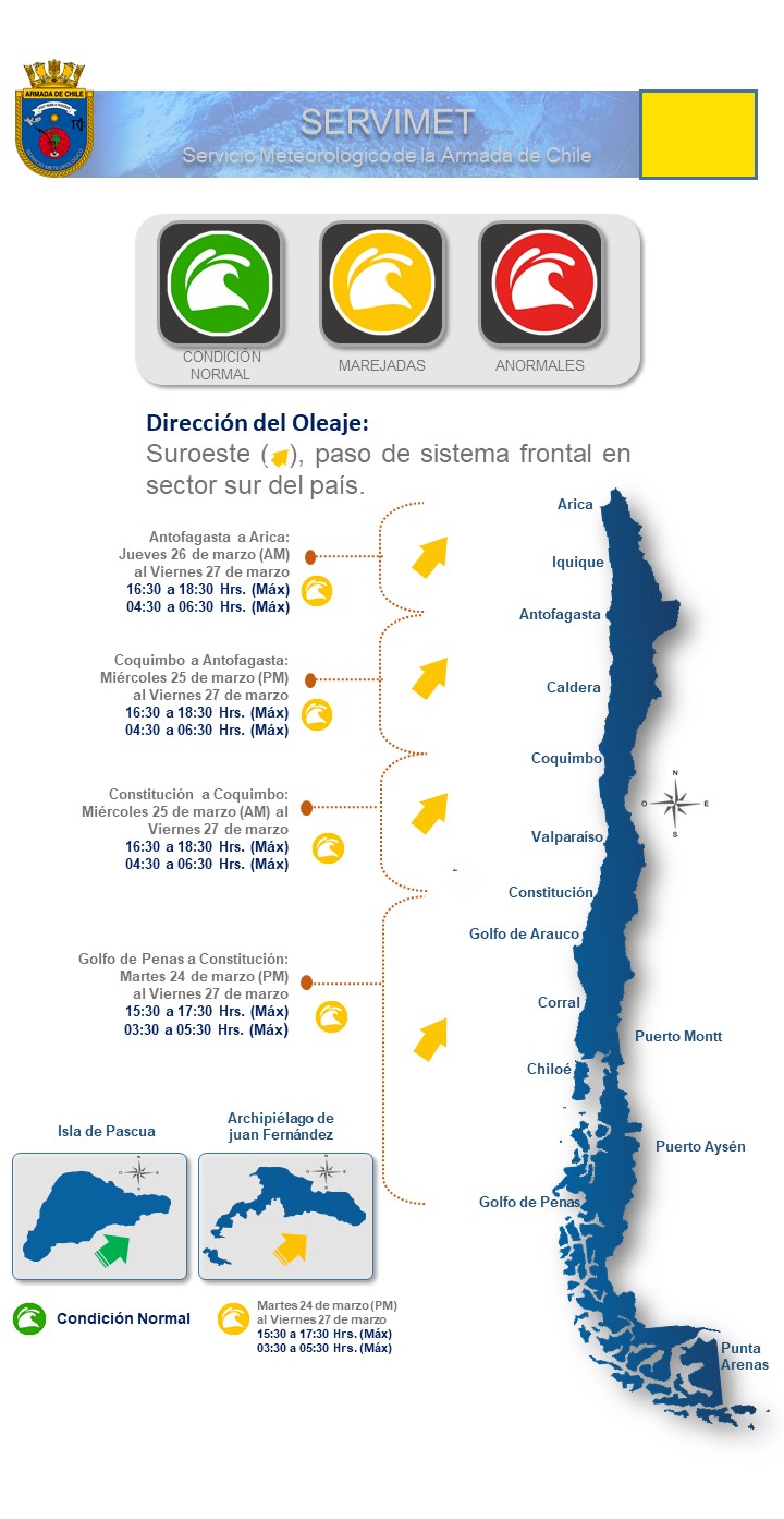 Mapa del Servicio Meteorológico de la Armada que muestra zonas afectadas por marejadas en la costa de Chile.