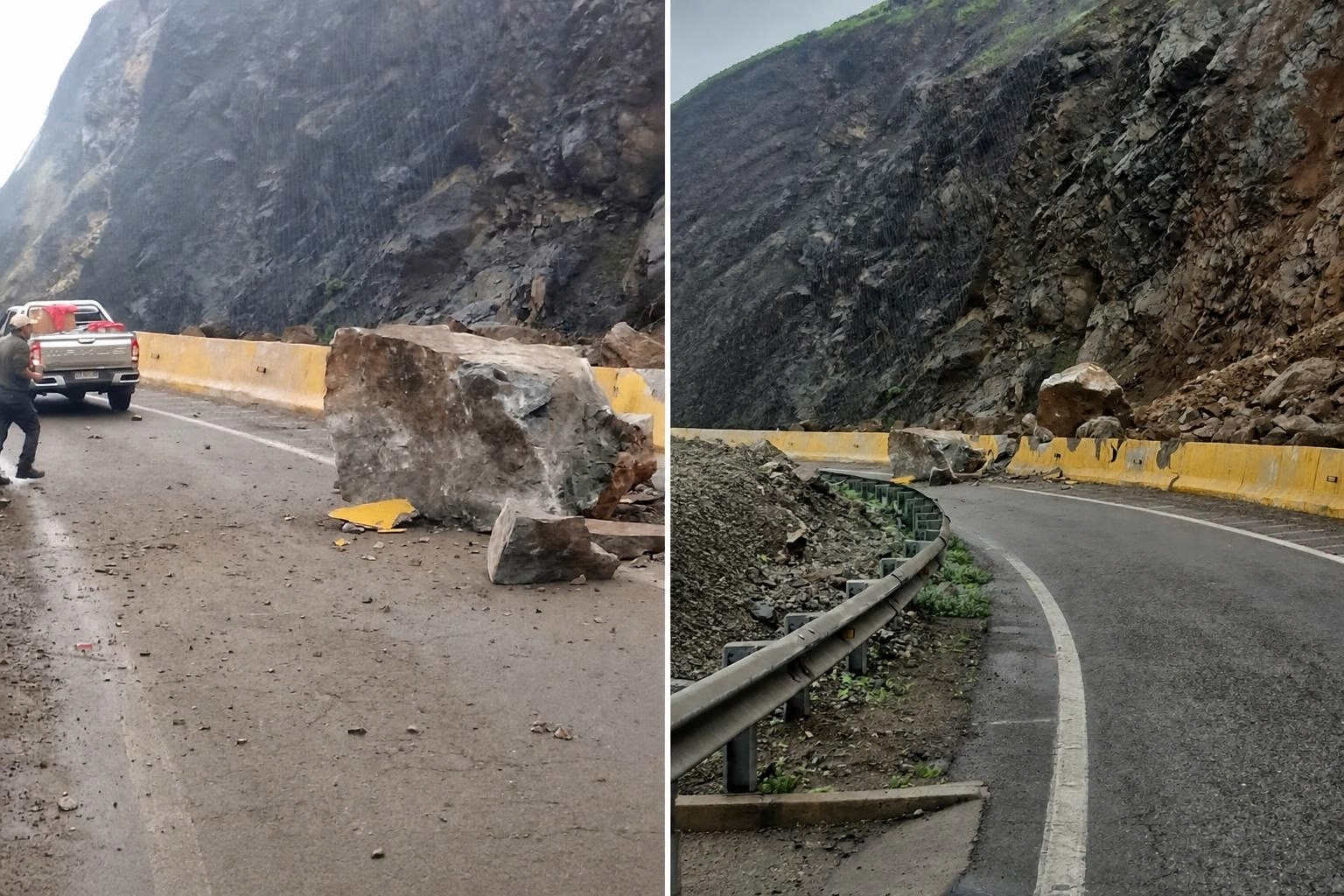 Grandes rocas bloquean parcialmente la Ruta B-710 en la Cuesta Paposo, comuna de Taltal.